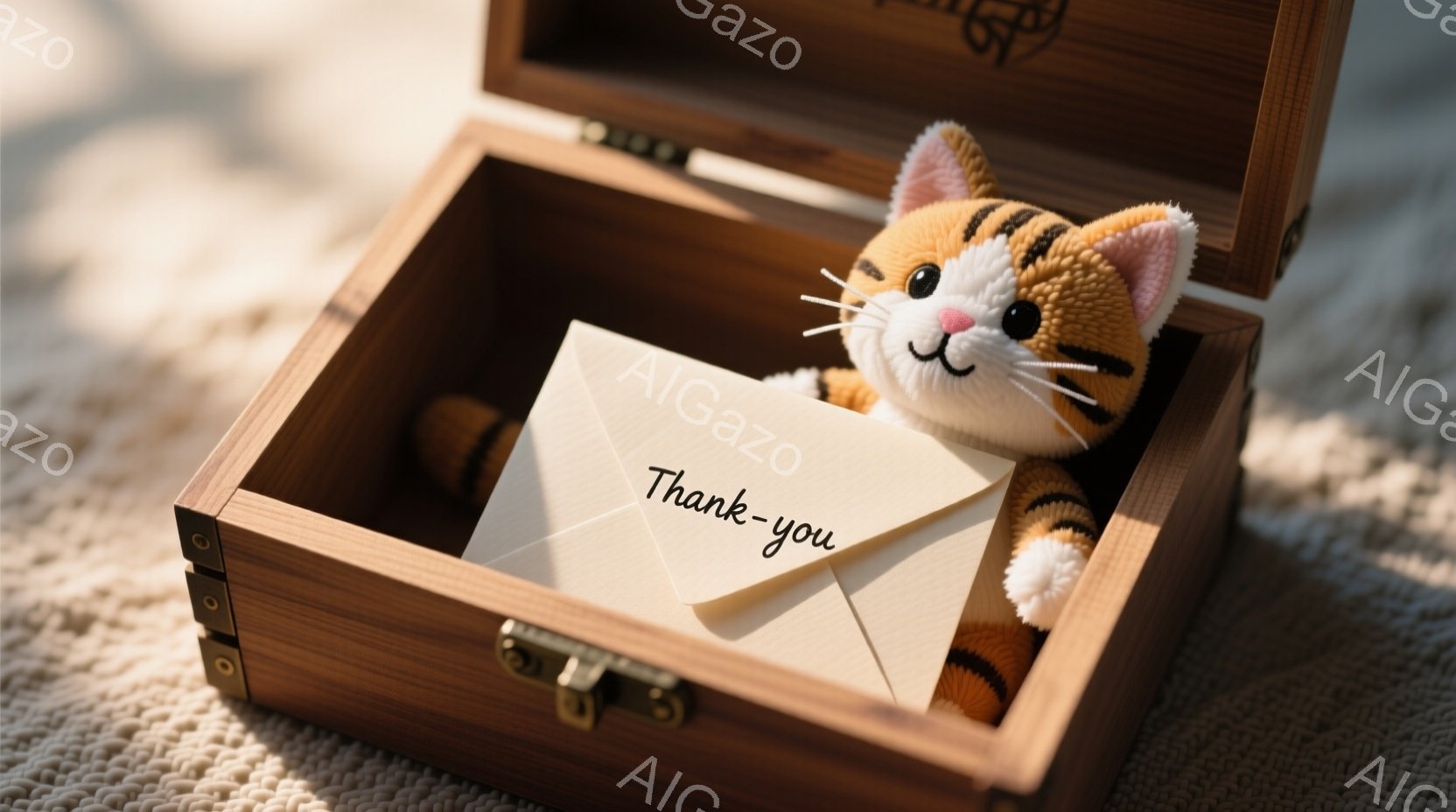 木箱の中に、ふわふわのオレンジと白の縞模様の猫のぬいぐるみが入っています。箱の中に白い封筒も入っており、「Thank-you」と書かれています。箱は開いており、背景にはぼやけた布の質感が見え、温かく優しい雰囲気です。