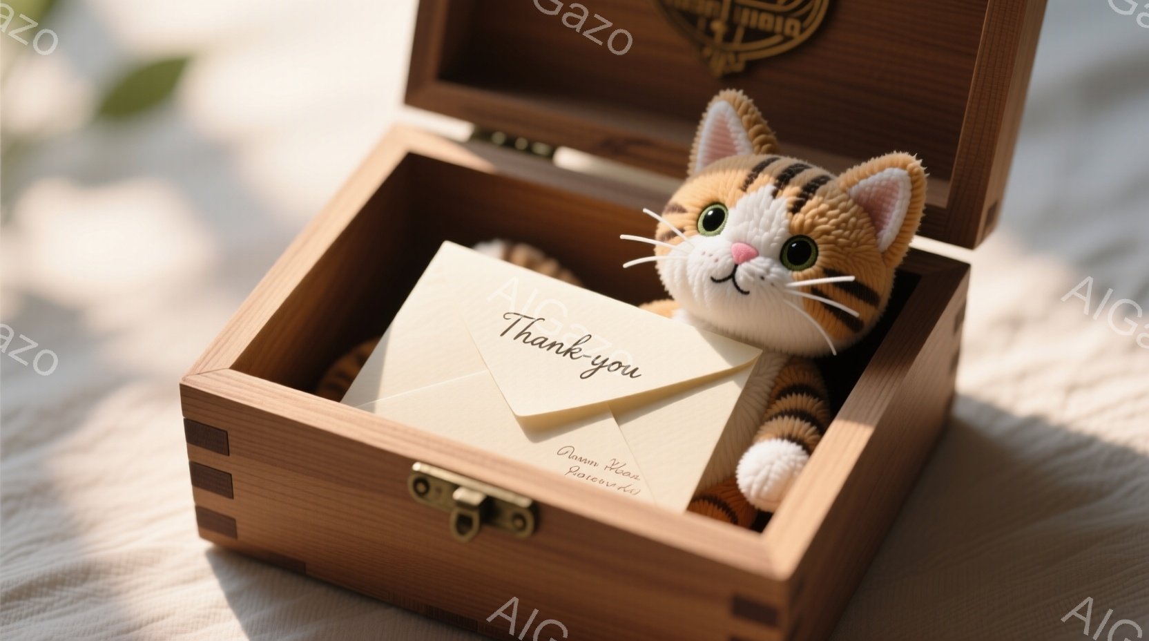 木箱の中に、オレンジと白の縞模様のふわふわした猫のぬいぐるみが入っています。猫のぬいぐるみは、黄色いメモに「Thank you」と書かれた紙を抱えています。箱は木製で、自然光の中で撮影されており、温かく穏やかな雰囲気を醸し出しています。