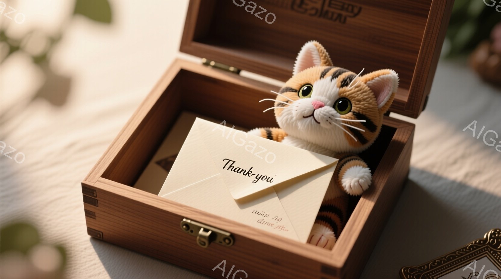 木箱の中に、ふわふわの茶トラ猫のぬいぐるみが寄りかかっており、手には「Thank you」と書かれた折り紙が握られています。箱は木の質感が強調されており、光が当たることで温かみのある雰囲気が漂っていま - AI生成フリー素材