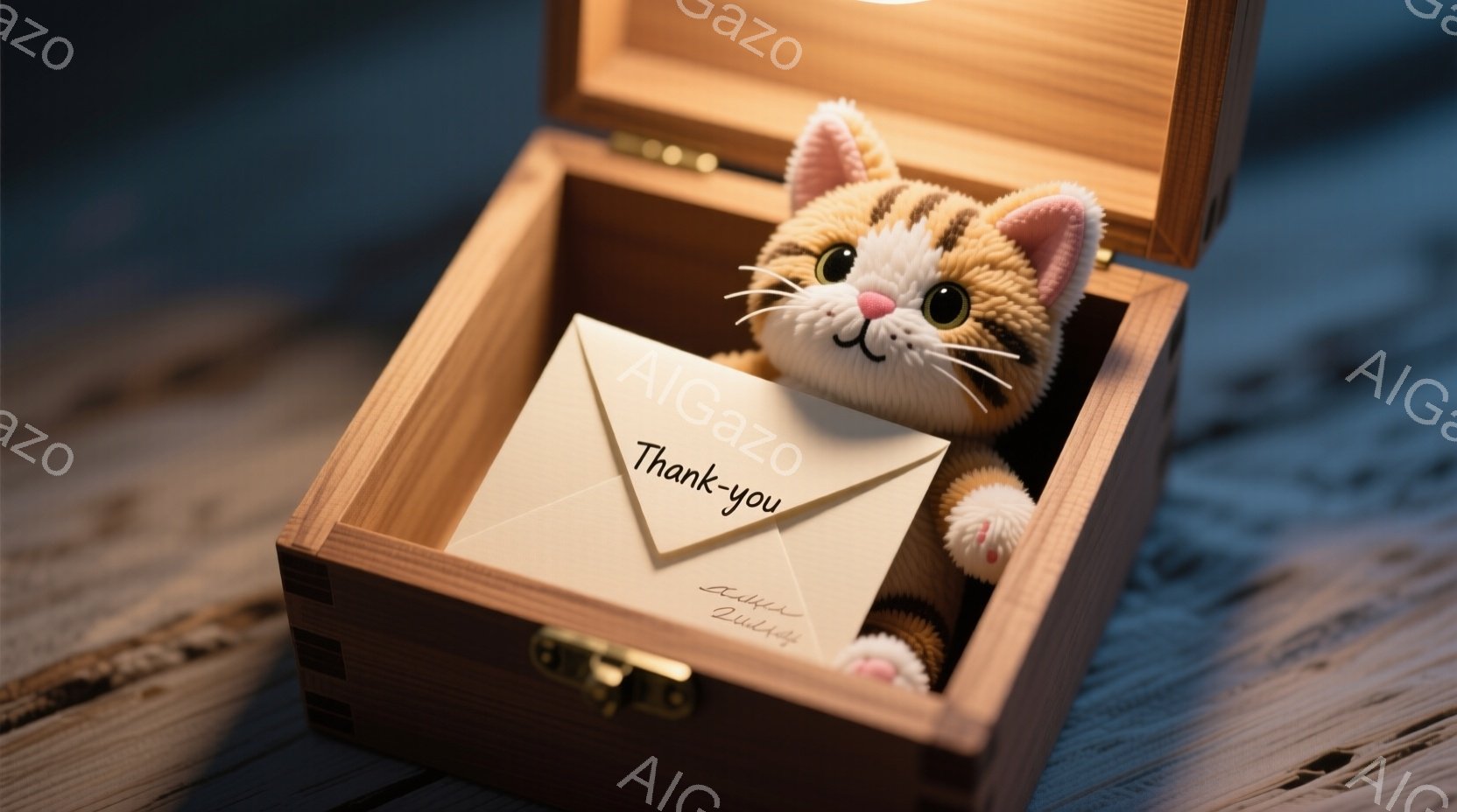 木の箱の中に、ふわふわの茶色の縞模様の猫のぬいぐるみが入っています。ぬいぐるみは正面を向き、微笑んでいます。箱の内側は暗く、背景はぼやけた木目調の表面です。