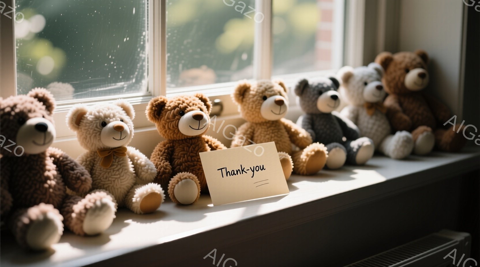 複数のテディベアが窓辺に並んで座っており、それぞれ異なる色合いの毛並みと愛らしい表情をしています。その中央には「Thank You」と書かれたカードが置かれ、全体的に温かく、感謝の気持ちが伝わる雰囲気 - AI生成フリー素材