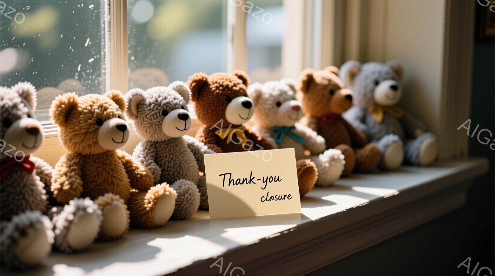 窓辺に様々な色のテディベアが整列しており、その中央には「Thank you」と書かれたカードが置かれている。背景にはぼやけた緑の木々が見え、柔らかい光が差し込んでいるため、温かく穏やかな雰囲気が漂っている。テディベアたちはそれぞれ異なる色や表情をしており、可愛らしい印象を与える。