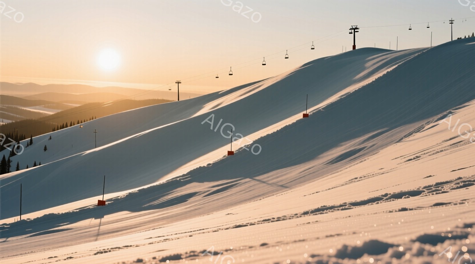 雪に覆われたスキー場の斜面が、夕焼けのオレンジ色の光に照らされている。リフトの支柱とゴンドラが斜面に沿って並び、遠くには雪を頂いた山々が見える穏やかな冬の風景だ。雪面はきめ細かく、滑らかな曲線を描いて - AI生成フリー素材