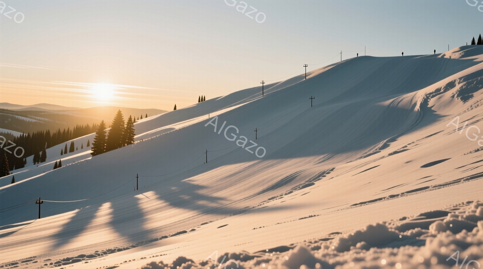 白い雪に覆われたスキー場が、夕焼けの光に照らされています。遠くには針葉樹林が広がり、スキーヤーが斜面を滑り降りる姿が見えます。全体的に穏やかで静謐な雰囲気が漂い、冬の美しい景色を捉えた一枚です。 - AI生成フリー素材