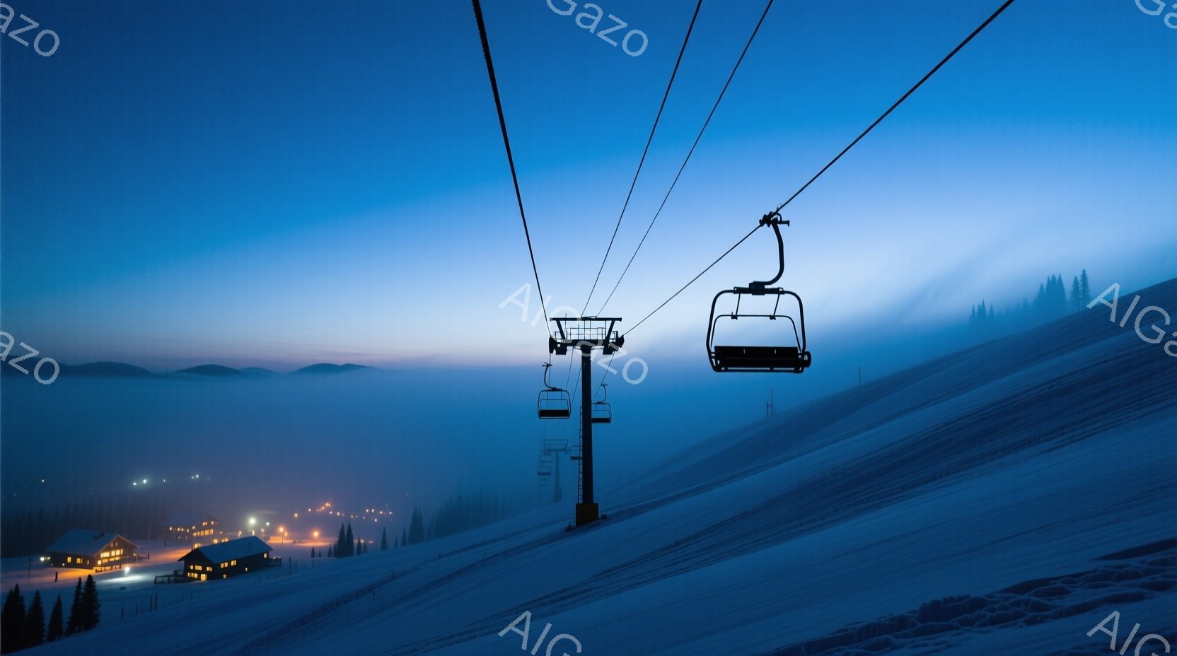 雪に覆われたスキー場の斜面をリフトが走っている夜の風景だ。遠くには、灯りのついた家々が見え、霧に包まれた背景が幻想的な雰囲気を醸し出している。全体的に青みがかった色調で、静寂で冷たい冬の夜の様子が伝わってくる。