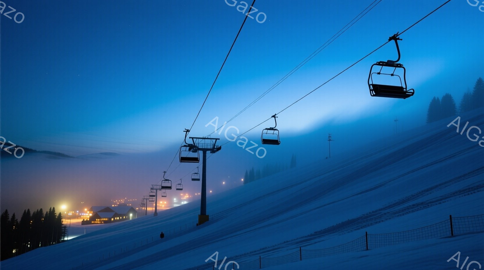 夜のスキー場で、リフトが雪山を登っている様子が描かれている。雪面は白く、遠くには街の明かりがぼんやりと見え、リフトは静寂の中に浮かんでいる。全体的に青みがかった暗い色調で、幻想的で静かな雰囲気を醸し出している。