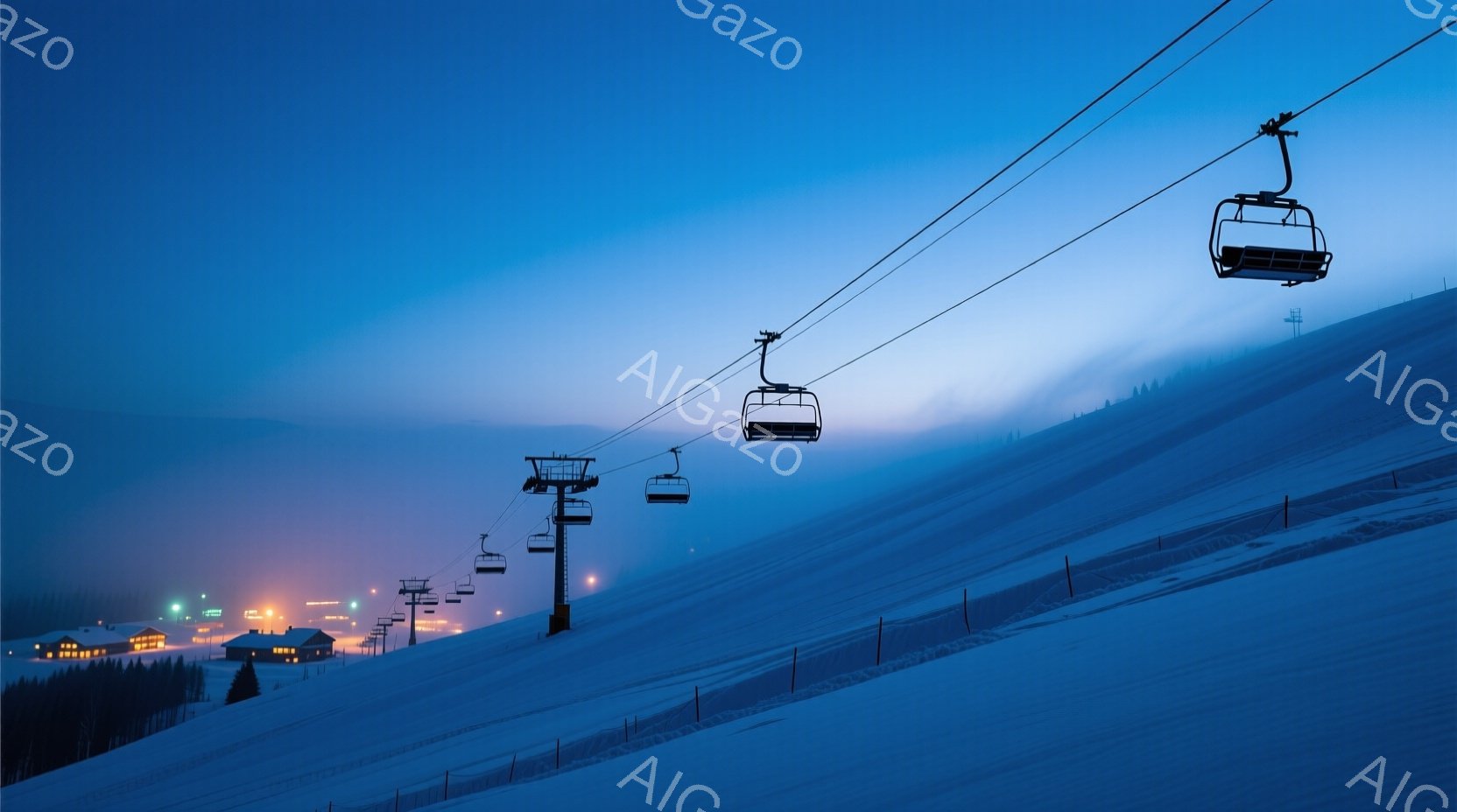 雪に覆われた山斜面に、複数のリフトが並んで設置されており、薄暗い夜景の中に浮かび上がっている。遠方には、灯りのついた建物が見え、雪山と夜空が作り出す幻想的な雰囲気を醸し出している。リフトは無人で、静寂の中に、冬の寒さと厳しさを感じさせる風景である。