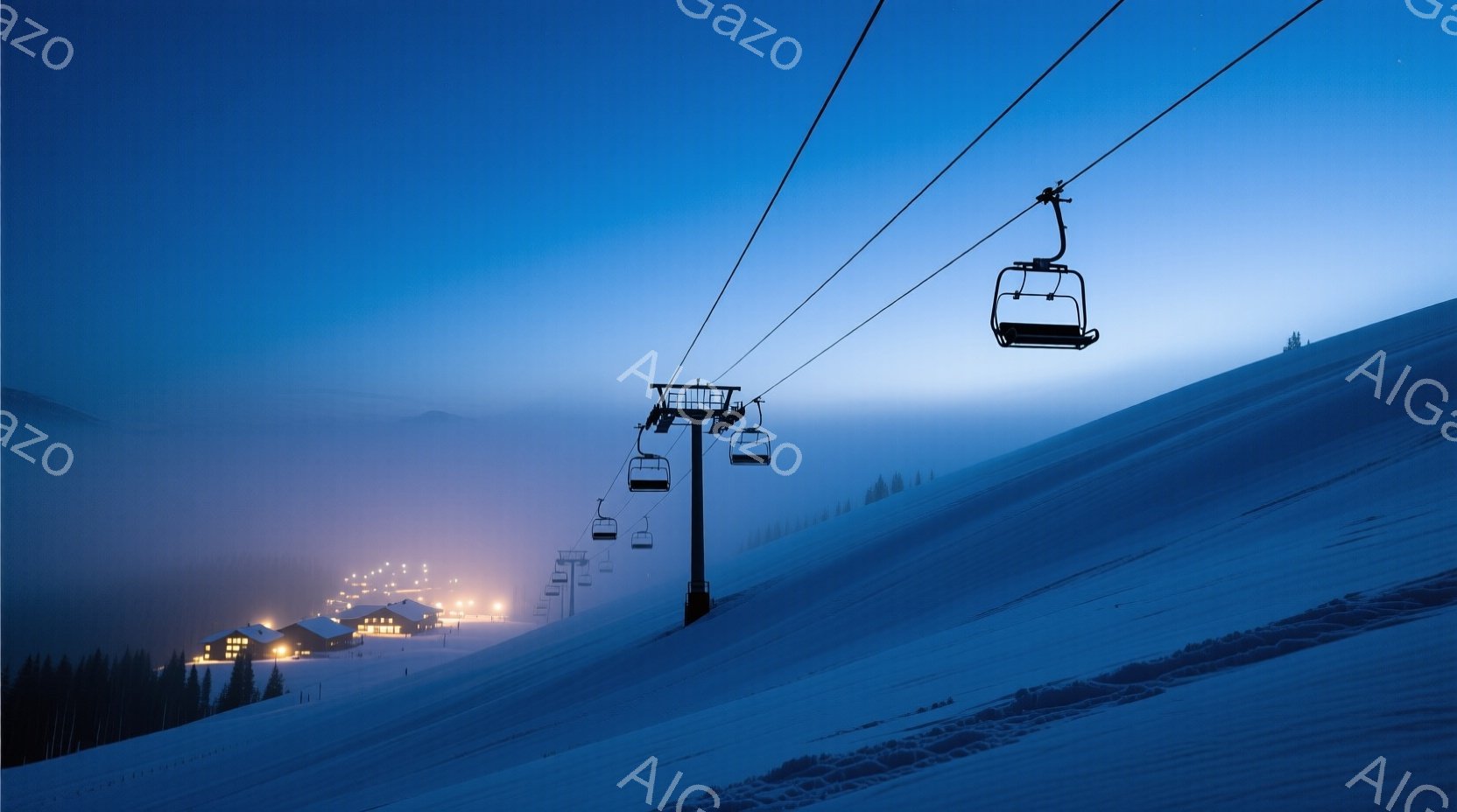雪に覆われた山斜面にスキーリフトが並んでいる。遠景には街の灯りがぼんやりと見え、全体的に青みがかった薄暗い光が、静寂で幻想的な雰囲気を醸し出している。リフトは無人で、雪景色と夜空が織りなす美しい冬の風景を描写している。