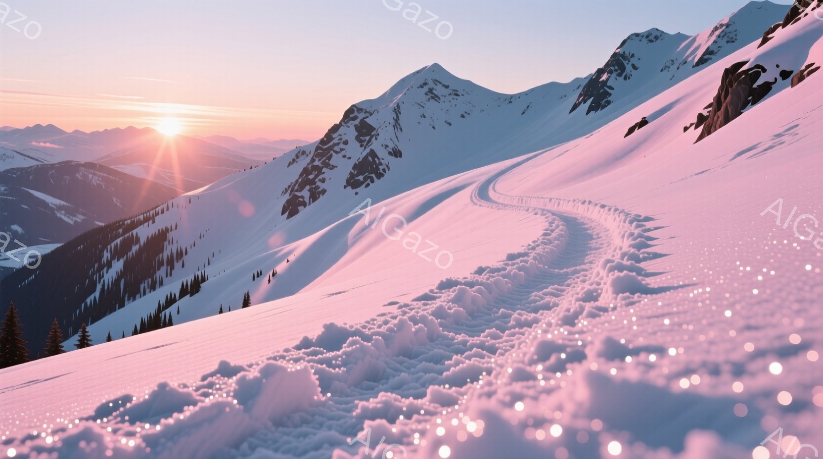 雪をまとった山々が、夕焼けのピンク色に染まっている。雪面に伸びるスキーの軌跡が、風を切って滑り降りた様子を想像させる。遠くには針葉樹林が見え、静寂で美しい冬の風景が広がっている。
