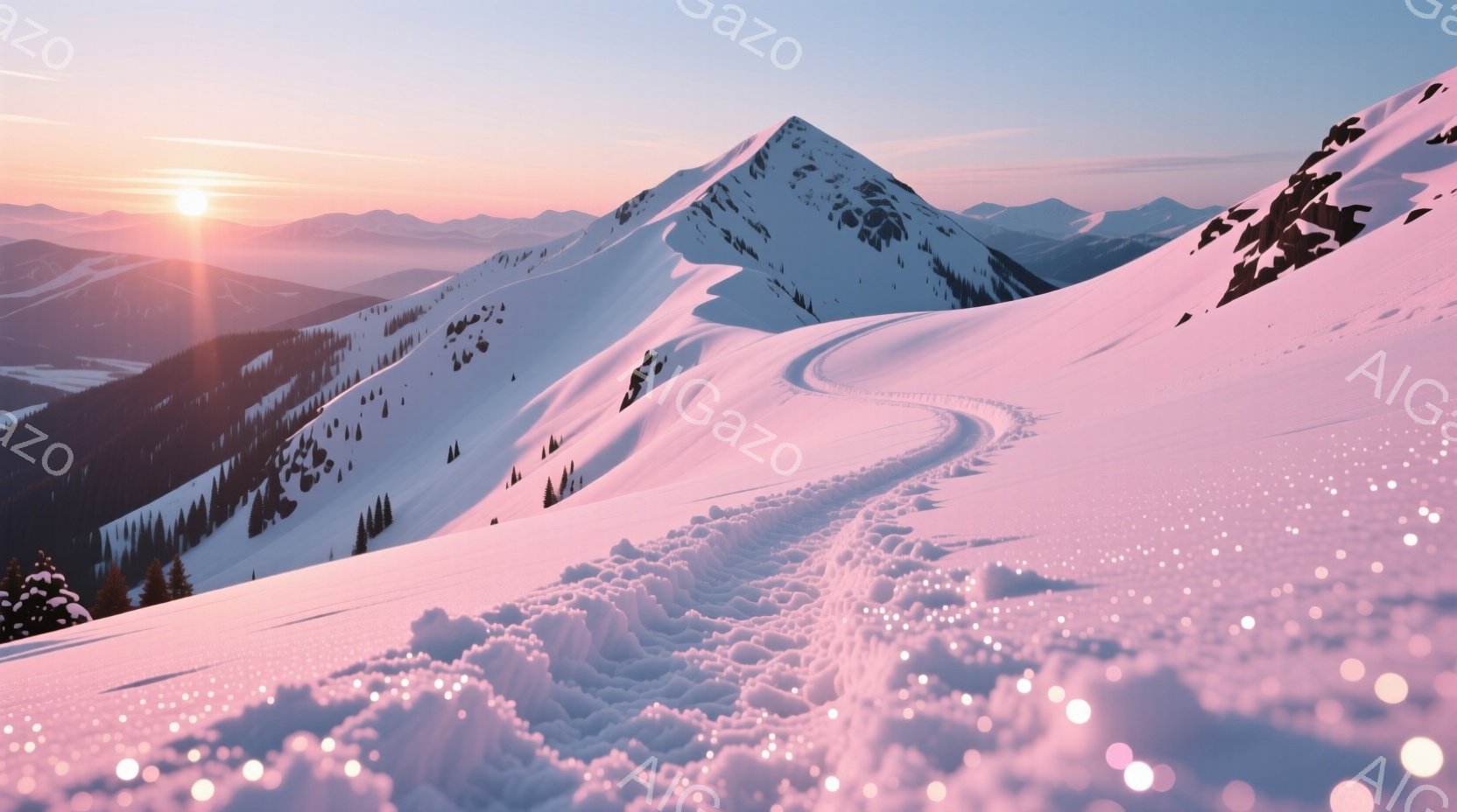 雪をまとった山々が夕焼けの光に照らされ、壮大な景色が広がっている。山肌にはスキーヤーが描いたと思われる滑走路が刻まれ、雪の質感と光の反射が美しい。背景には連なる山々が霞んでおり、静かで幻想的な雰囲気が漂っている。