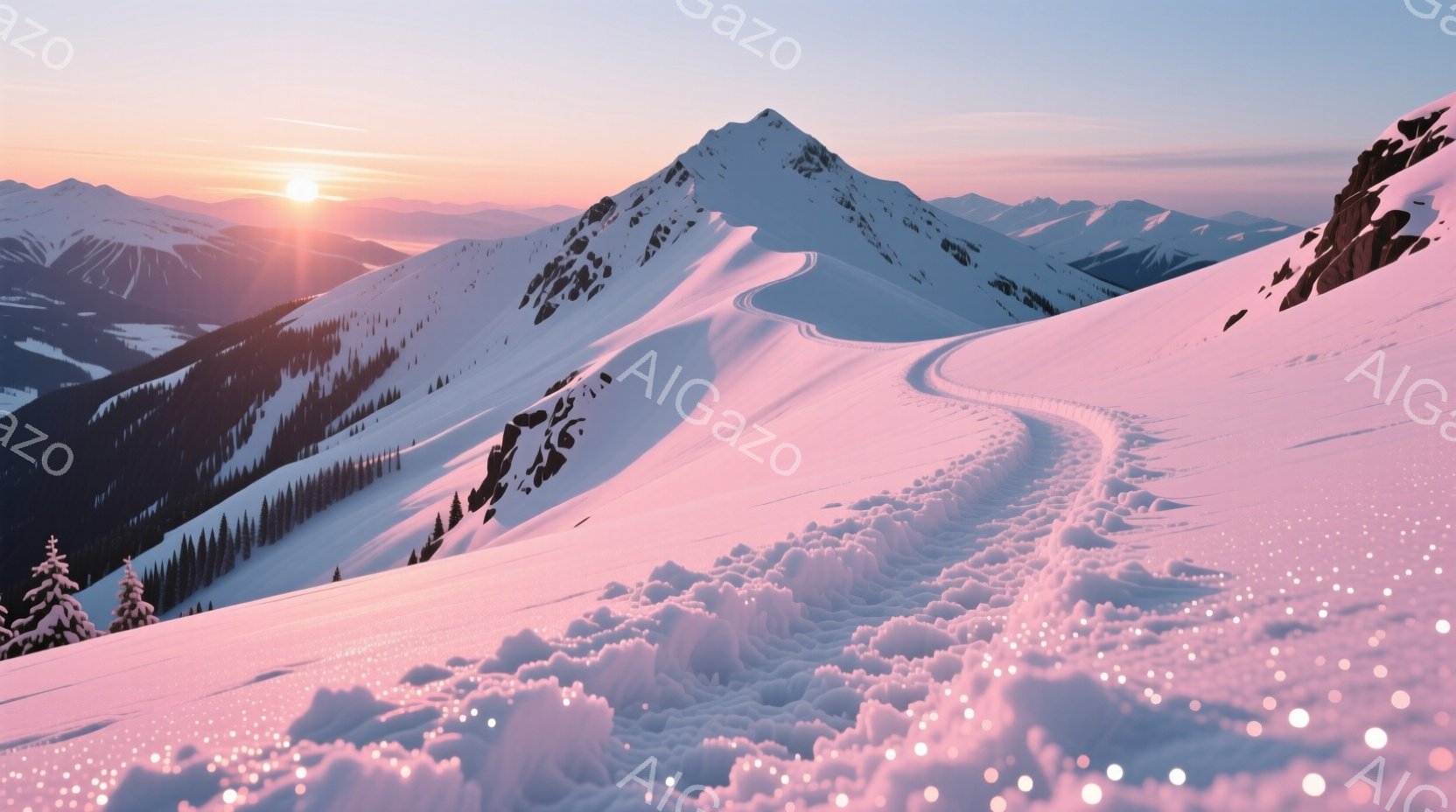 雪に覆われた山々が連なり、朝焼けがピンク色に山肌を染めている美しい風景です。雪原にはスキーヤーが作ったと思われる滑り跡が印象的で、静寂と冬の凛とした雰囲気が感じられます。遠くには他の山々が重なり、壮大な自然のスケールが目に飛び込んできます。