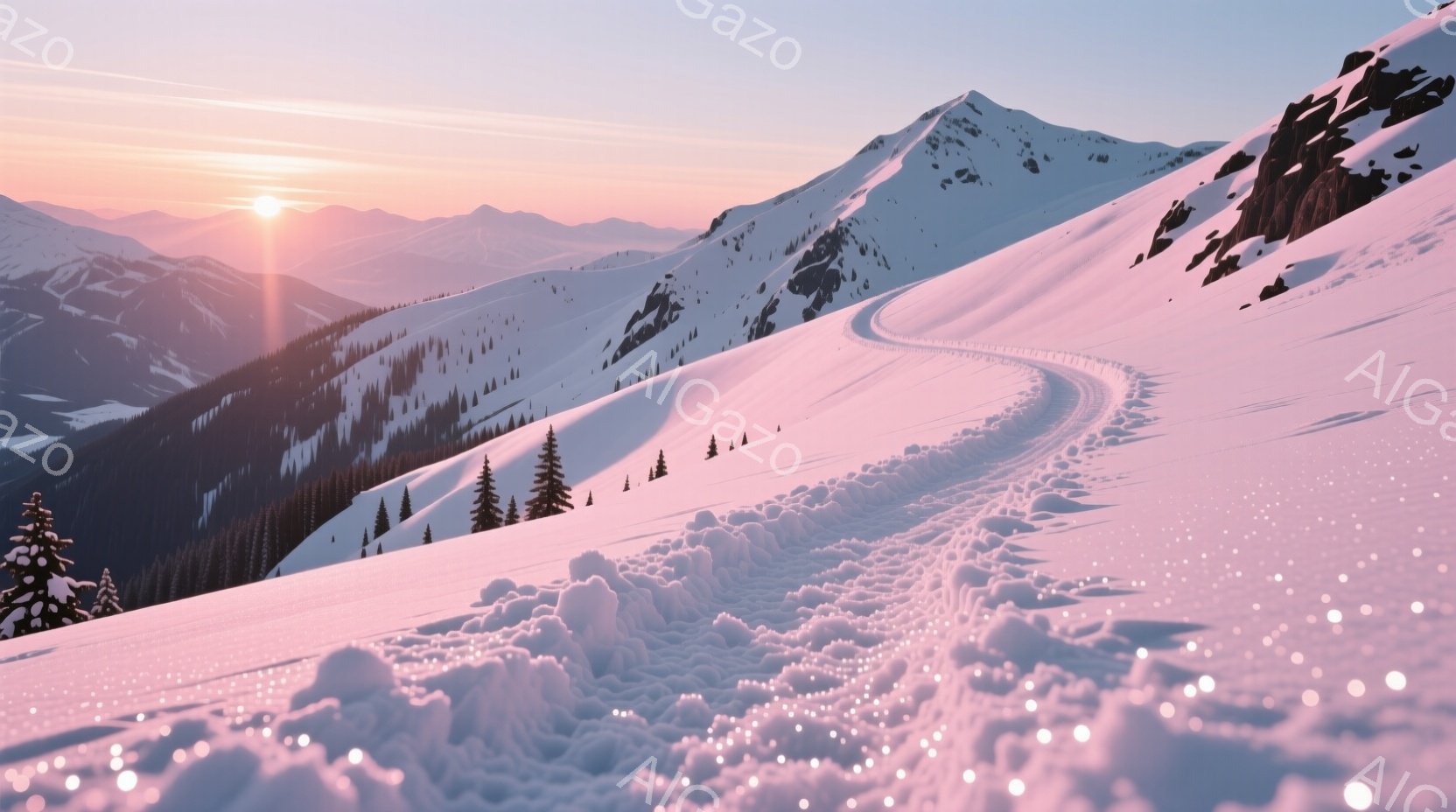 雪に覆われた山々が連なり、朝日が山頂を照らしている。斜面にはスキーヤーが作ったと思われるトレースが刻まれ、白い雪原に美しい模様を描いている。遠くには針葉樹林が見え、背景の山々は霞んでおり、静かで幻想的な雰囲気を醸し出している。
