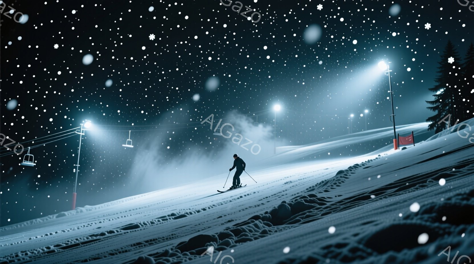 暗闇のスキー場で、一人のスキーヤーが滑っている様子が描かれている。スキーヤーは黒いスキーウェアを着用し、ヘルメットをかぶっているため、顔の表情ははっきりと見えないが、滑走姿勢から集中していることが窺える。背景には、点灯したリフトと雪に覆われた山々が広がり、夜間のスキー場の静寂さと厳しさを感じさせる。