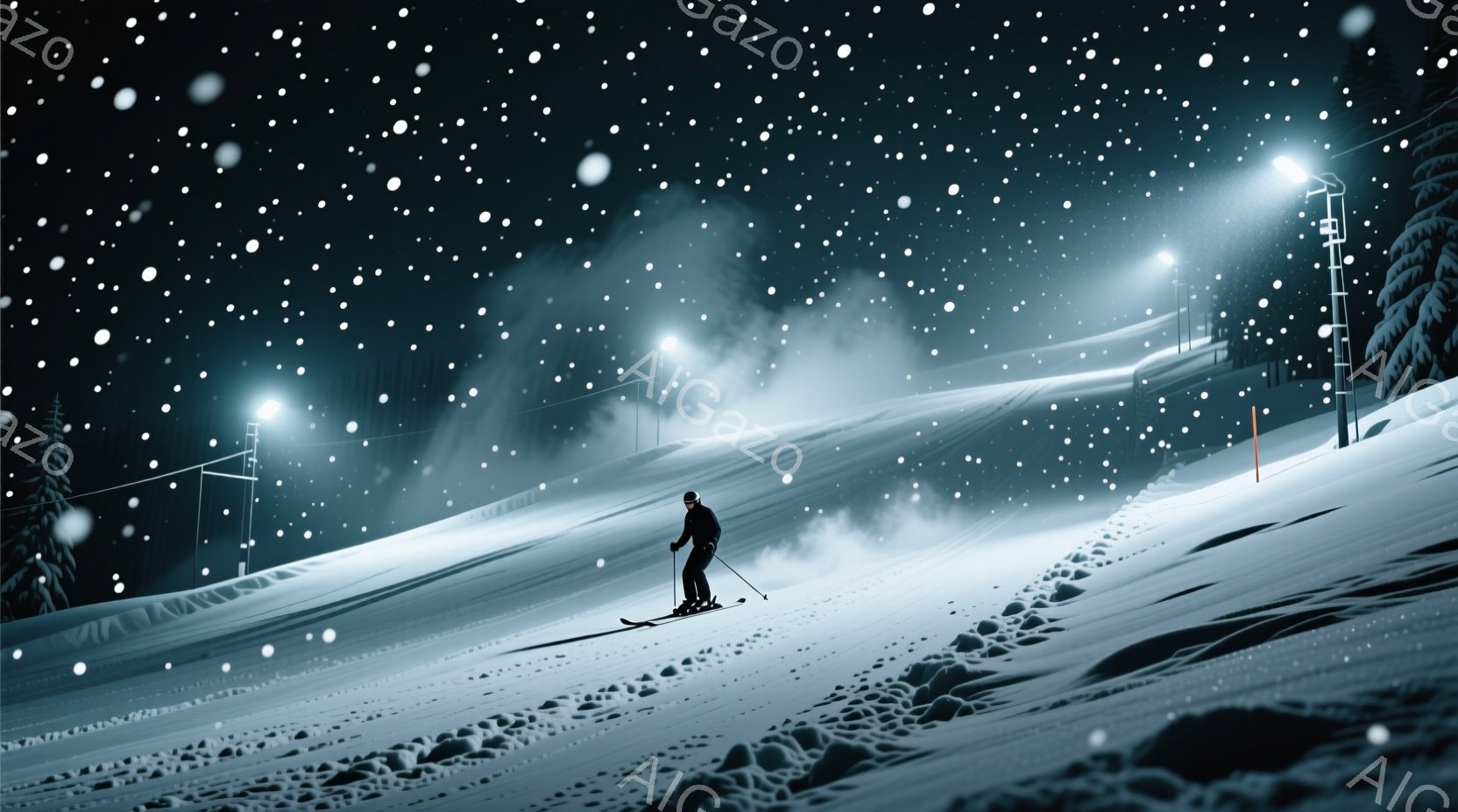 雪山をスキーヤーが滑走している様子が捉えられています。黒いスキーウェアとゴーグルを着用したスキーヤーは、雪煙を上げながら斜面を下っており、その姿勢は流麗でスピード感があります。背景には雪に覆われた山々と、夜間照明の光が点在し、冬の静寂と力強さが感じられる光景です。