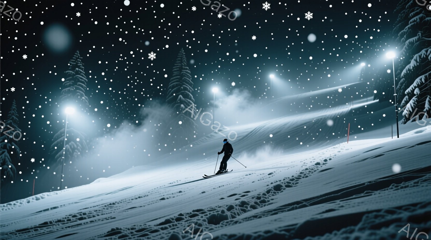 スキーヤーが雪山を滑降している様子が描かれています。黒いスキーウェアとヘルメットを着用し、視線は前方へ向けられています。背景には、夜間に照らされたスキーコースと、雪に覆われた針葉樹林が広がり、降りしき - AI生成フリー素材
