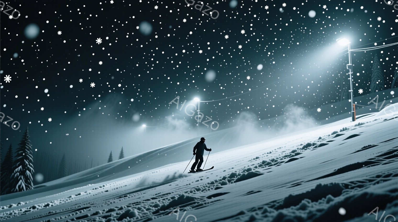雪が降り積もる夜のスキー場で、一人の男性がスキーをして下りている。彼は黒いスキーウェアと帽子を着用し、やや前傾姿勢で滑走している。背景には、ライトアップされたゲレンデと松の木々、そして雪が舞う暗い空が - AI生成フリー素材