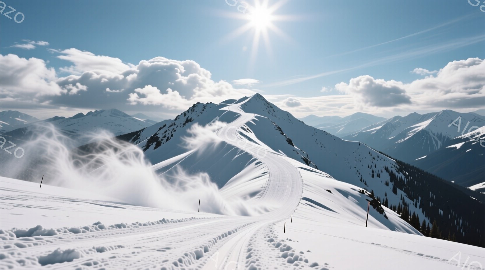 白い雪に覆われた山々が連なり、スキー場の一角を捉えた写真です。雪が舞い上がり、滑走路にはスキーヤーが作った軌跡が続いています。晴天で、強い日差しが雪面を照らし、冬の凛とした美しい風景が広がっています。
