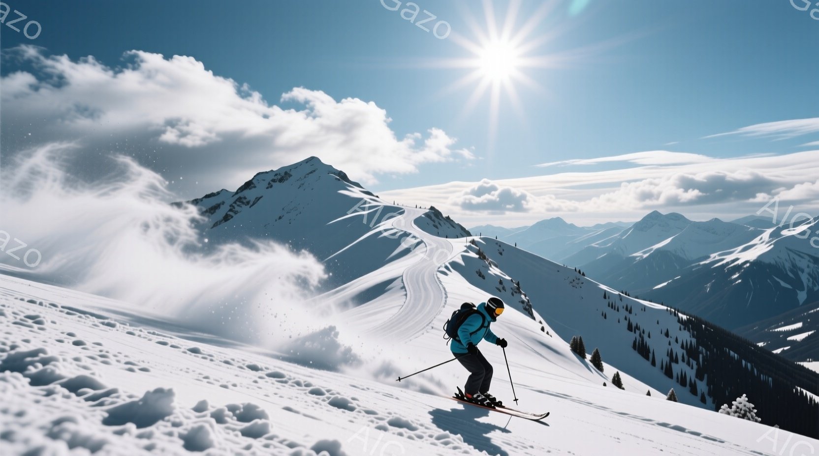 スキーヤーが雪山を滑降している様子が写っている。青と黒のスキーウェアを着用し、ヘルメットを被っているため顔の表情は読み取れないが、姿勢からスピードに乗っていることがわかる。背景には雪に覆われた山々が連なり、晴天の下、太陽の光が反射して輝いている。