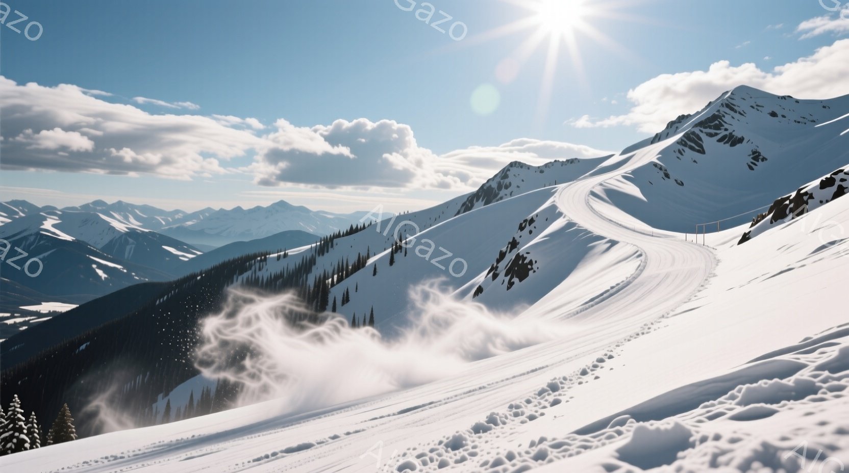広大な雪山が広がり、スキーヤーが斜面を滑り降りている様子が捉えられている。雪煙が舞い上がり、ダイナミックな動きを強調し、遠くには雪を頂いた山々が連なっている。晴天で、太陽光が雪面を照らし、冷たく澄んだ空気感を伝えている。