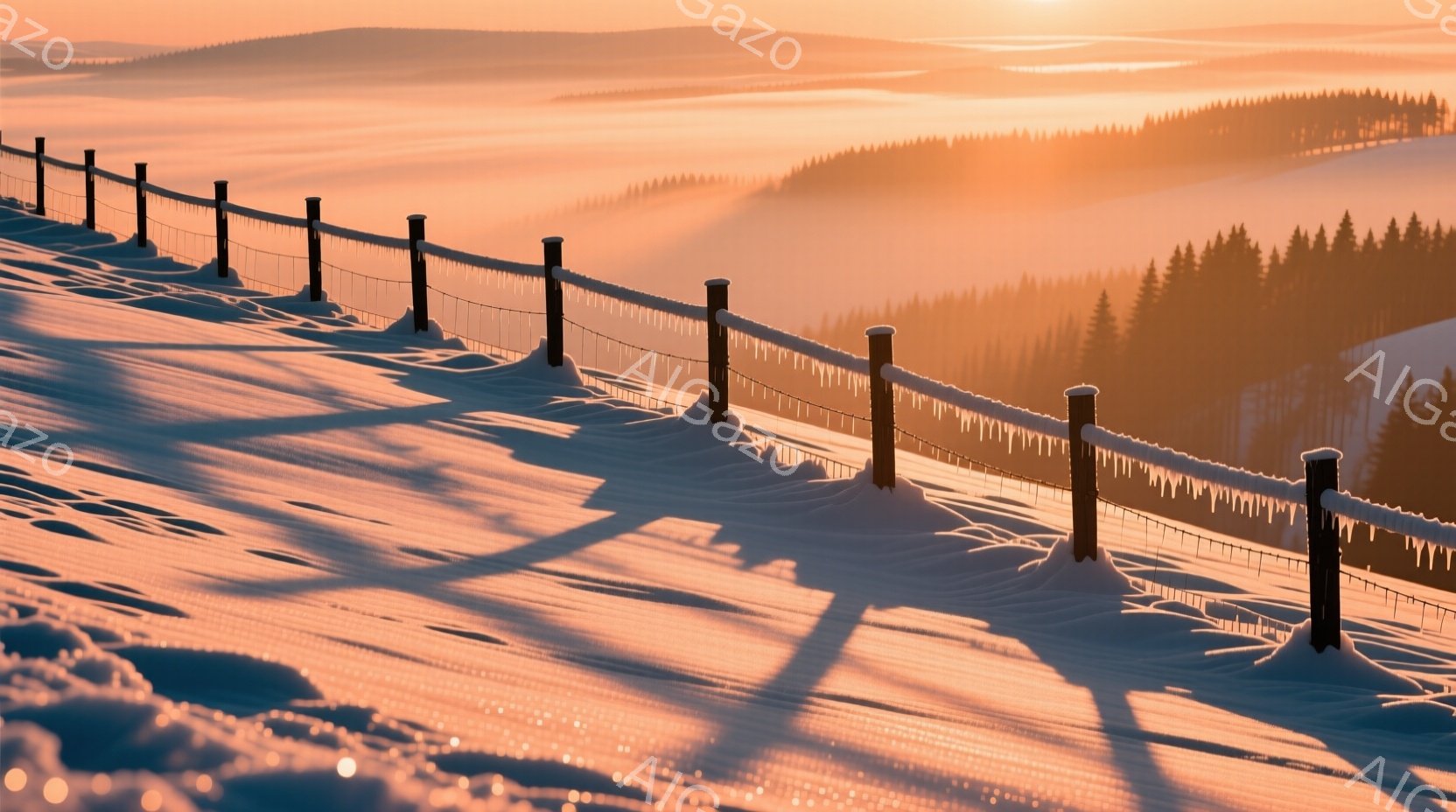 雪に覆われた丘陵地帯を、黒い柵が横切っている。朝日が雪面に反射し、暖かく幻想的な光景を作り出しており、遠くには霧に包まれた森林が見える。雪の質感と光のコントラストが、静寂で美しい冬の風景を際立たせてい - AI生成フリー素材