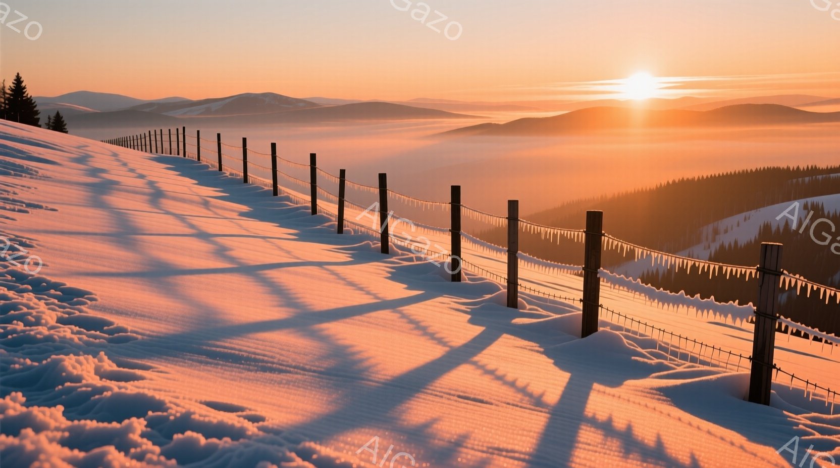 凍てつく雪原に、影を長く伸ばしたフェンスが並んでいる。背景には、朝日に照らされた山々が霞の中に浮かび上がり、まるで夢のような光景が広がっている。雪の照り返しと太陽の光が暖かく、静寂の中に力強さを感じさせる。