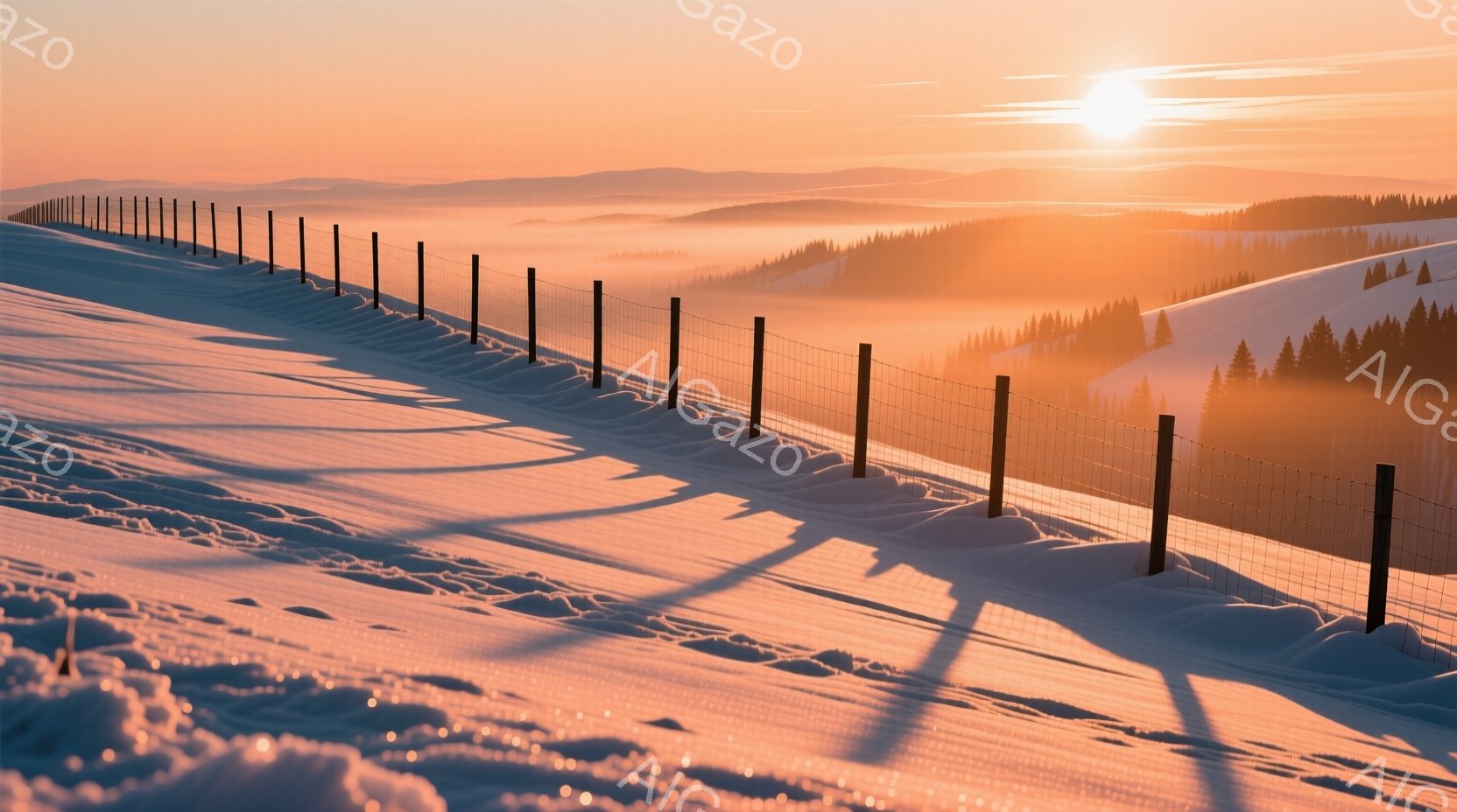 白い雪に覆われた丘陵地帯が広がり、遠くには薄い霧に包まれた山々が見える。日没時の太陽がオレンジ色に輝き、雪原にはその光と影が美しい縞模様を描いている。低いフェンスが丘陵に沿って伸び、穏やかで静寂な冬の風景を作り出している。