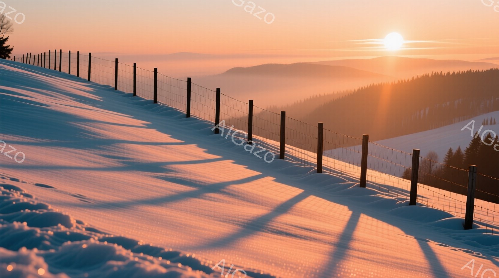 雪に覆われた丘陵地帯を、夕日の光が照らし出している。フェンスの影が雪面に長く伸び、暖かくオレンジ色の光が風景全体を包み込んでいる。遠くにはぼんやりと山並みが確認でき、静寂で穏やかな冬の日の雰囲気が漂う。
