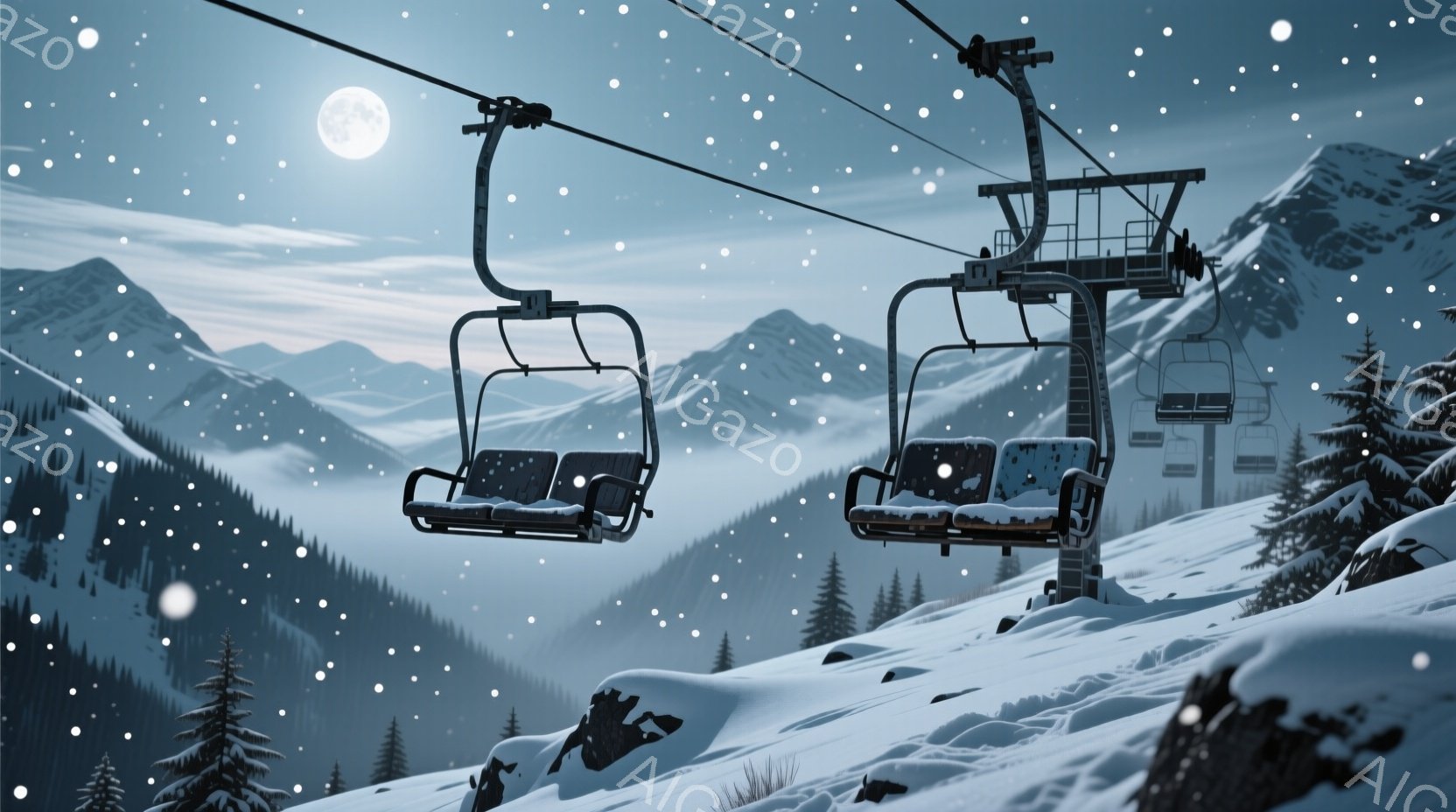 凍てつくような雪山を背景に、スキーリフトの椅子が2つ並んで描かれています。雪は静かに降り積もり、遠くの山々はぼんやりと霞んで見え、月が明るく輝いています。全体的に静寂と幻想的な雰囲気が漂い、冬の澄んだ空気を感じさせます。