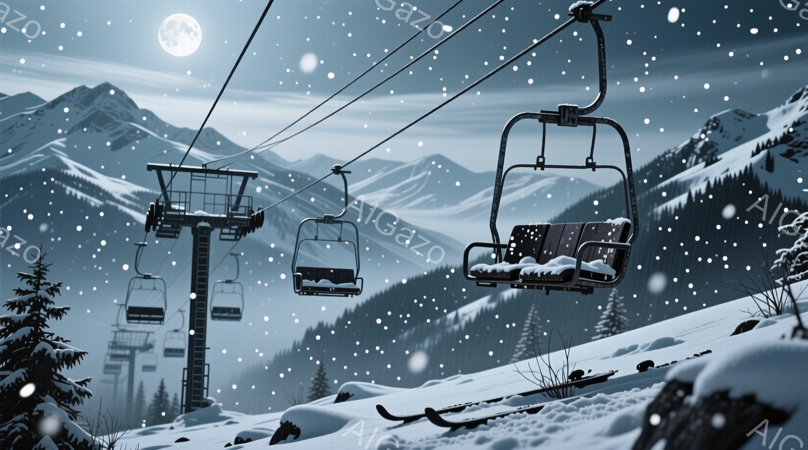 凍てつく夜のスキー場が描かれており、雪が舞い散る中、リフトが静かに運行している。雪に覆われた山々が背景に広がり、遠くにはかすかな光を放つ月が見える。リフトの椅子は空で、下には雪に埋もれたスキー板が置かれ、静寂で幻想的な雰囲気を醸し出している。
