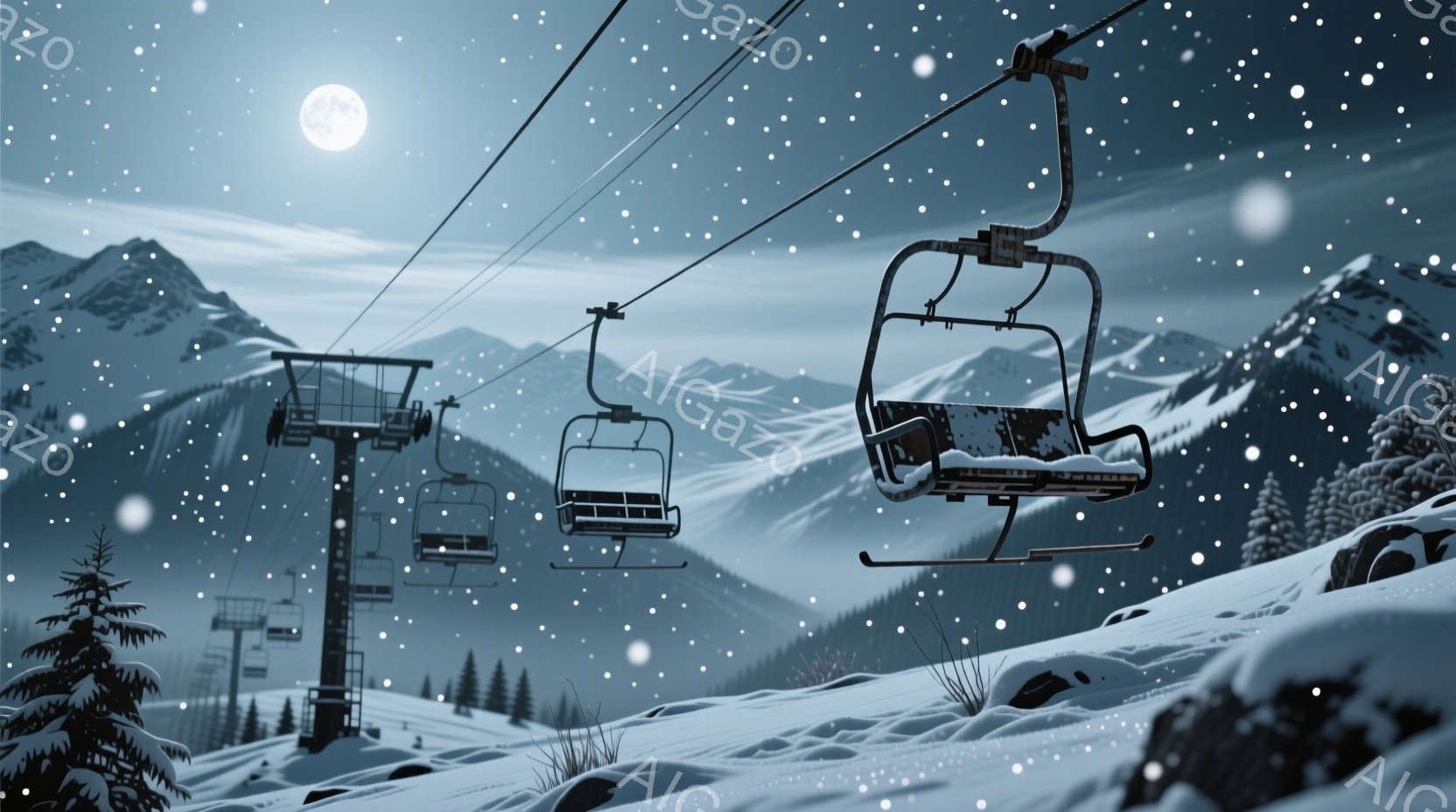 雪が降るスキー場で、リフトが静かに雪山を背景に浮かんでいる。リフトは空っぽで、雪に覆われた山々と針葉樹林が遠くに見える夜の風景だ。全体的に静寂で幻想的な雰囲気が漂い、月明かりが雪景色を照らしている。