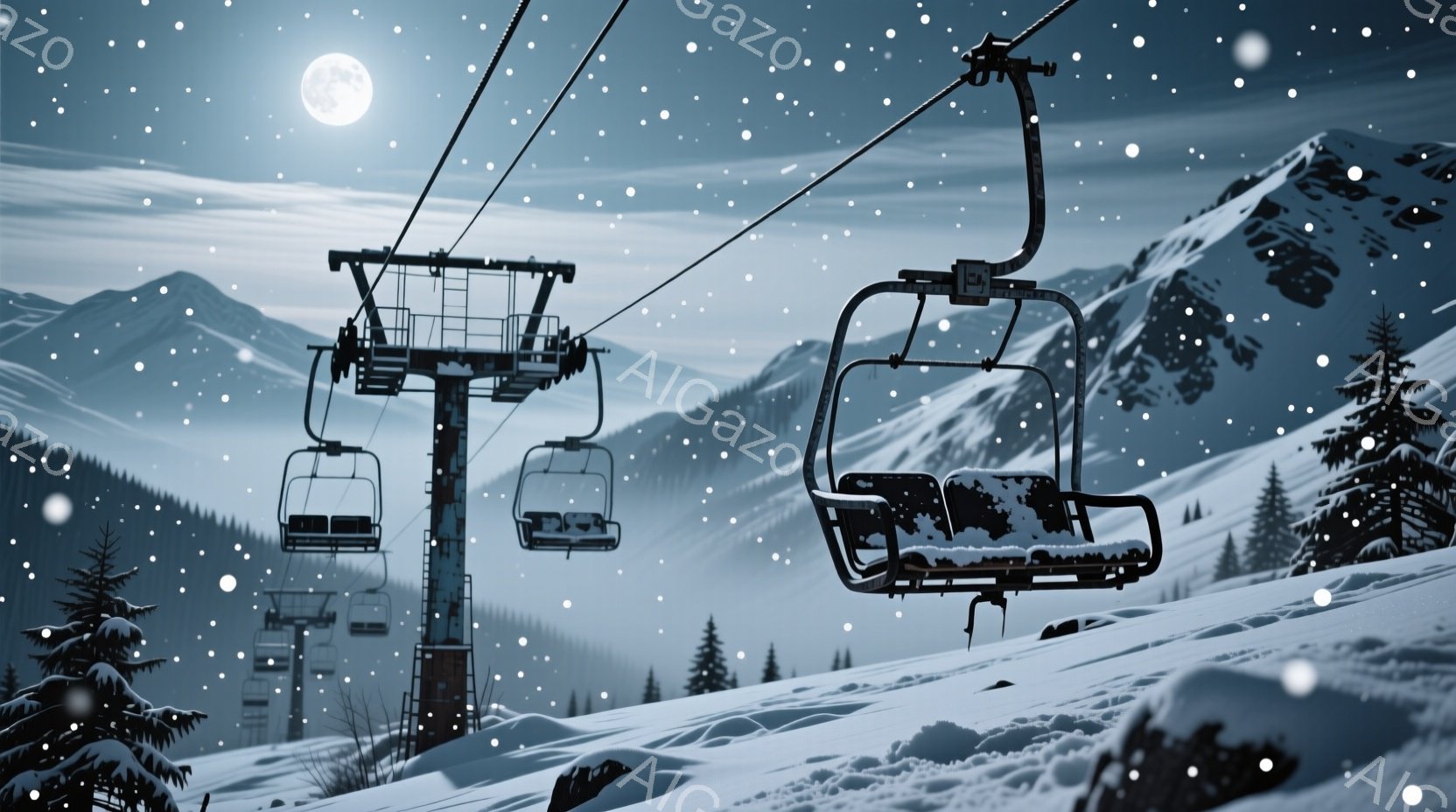 雪が降り積もるスキー場で、リフトがいくつか並んで設置されています。遠くには雪をまとった山々が連なり、夜空には明るい満月が輝いています。全体的に静かで幻想的な雰囲気で、冬のスキーリゾートの美しさを表現しています。