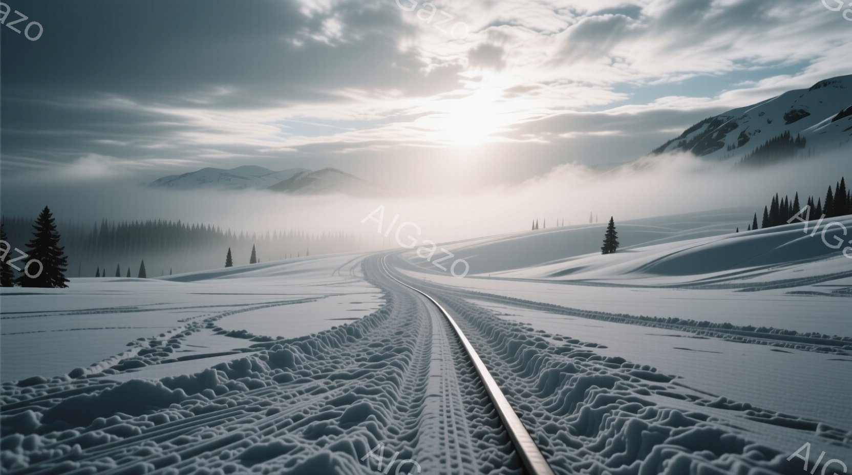 凍てつく雪原を走る鉄道が印象的な風景です。線路は雪に埋もれ、遠くには雪をまとった山々が霞んで見え、まるで別世界のような静寂が漂っています。空は厚い雲に覆われ、太陽はぼんやりと光を放ち、厳しい冬の自然を際立たせています。