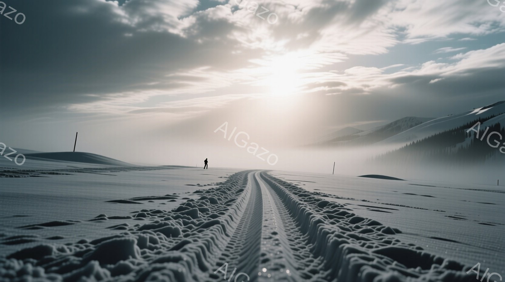 吹き荒れる雪原を、一台の雪上車が引き留めた跡が長く伸びている。遠くには雪に覆われた山々がぼんやりと見え、空は厚い雲に覆われ、強い光が雲間から差し込んでいる。全体的に厳しい冬の風景で、静寂と孤独感が漂う。