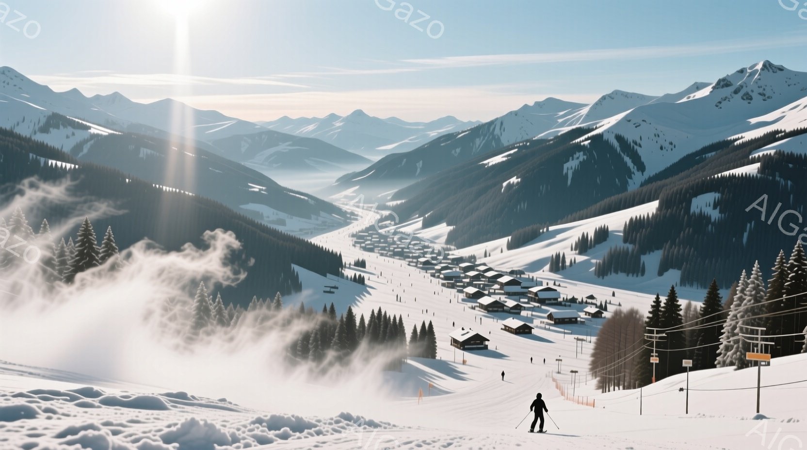 雪山を背景にしたスキー場の風景で、滑走路には数人のスキーヤーがいます。遠景には木造の建物が密集しており、雪に覆われた山々が壮大な景色を作り出しています。空は晴れていて、太陽の光が雪原を照らし、全体的に静かで穏やかな雰囲気が漂っています。