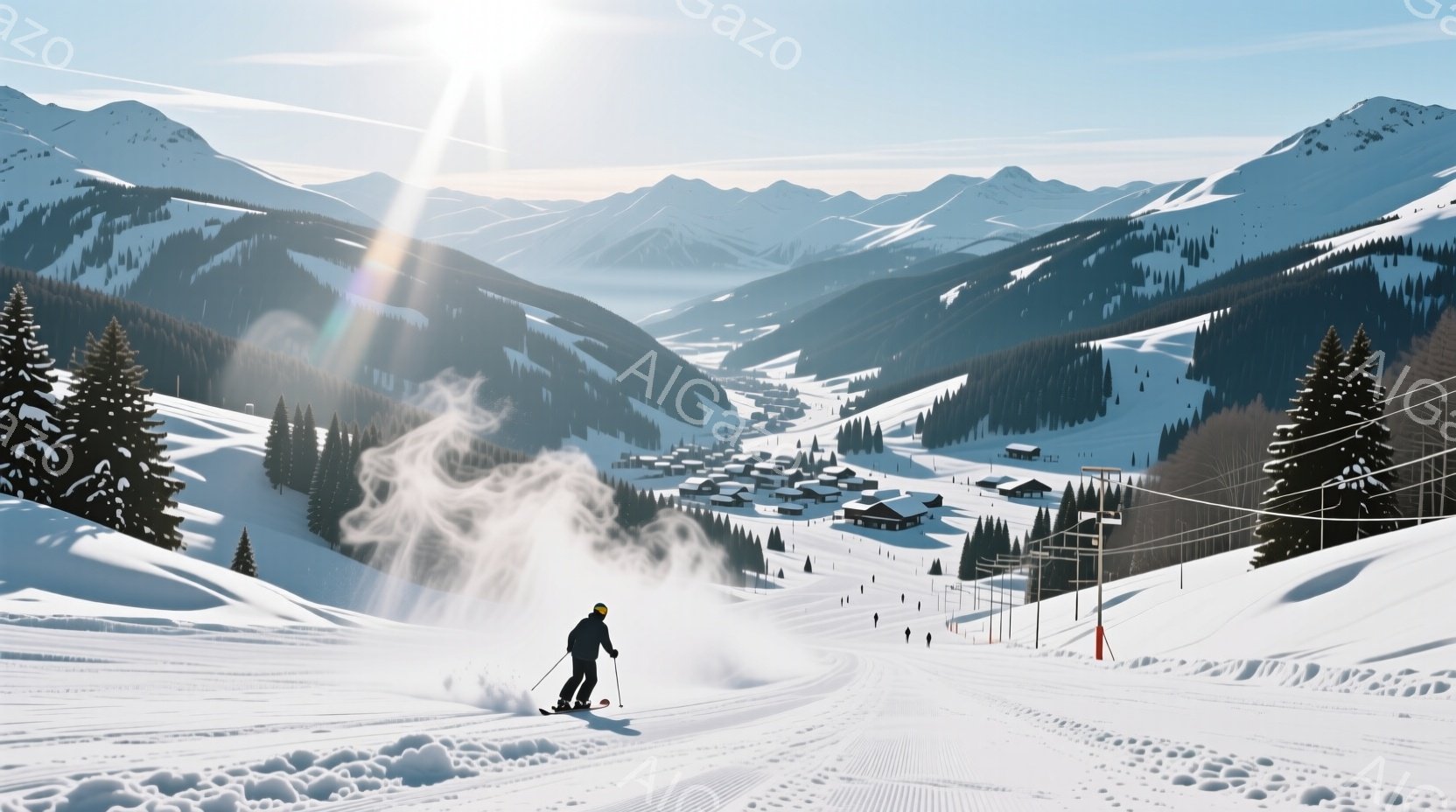 雪山をスキーヤーが滑下している様子が描かれています。彼は黒いスキーウェアとヘルメットを着用し、スピードに乗って雪煙を上げながら滑っています。背景には雪に覆われた山々が連なり、麓には可愛らしい家々が並ぶ村が広がっており、晴天で冬の静寂と開放感が感じられます。