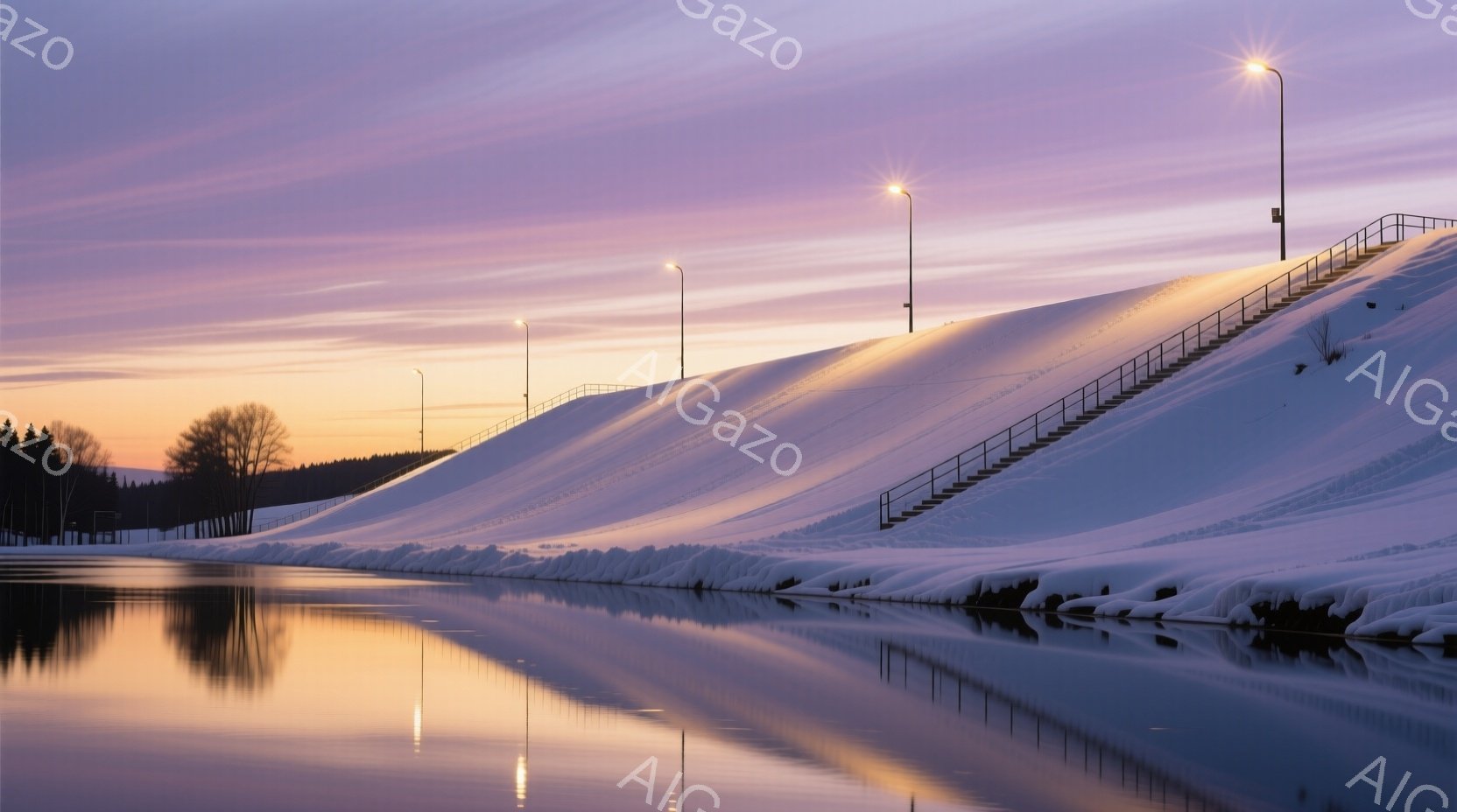 凍てつく冬の風景が広がっており、雪に覆われた堤防が印象的だ。堤防には階段があり、その表面には雪が積もっている。水面は鏡のように静かで、空のグラデーションと堤防を美しく映し出しており、穏やかで静謐な雰囲気を醸し出している。