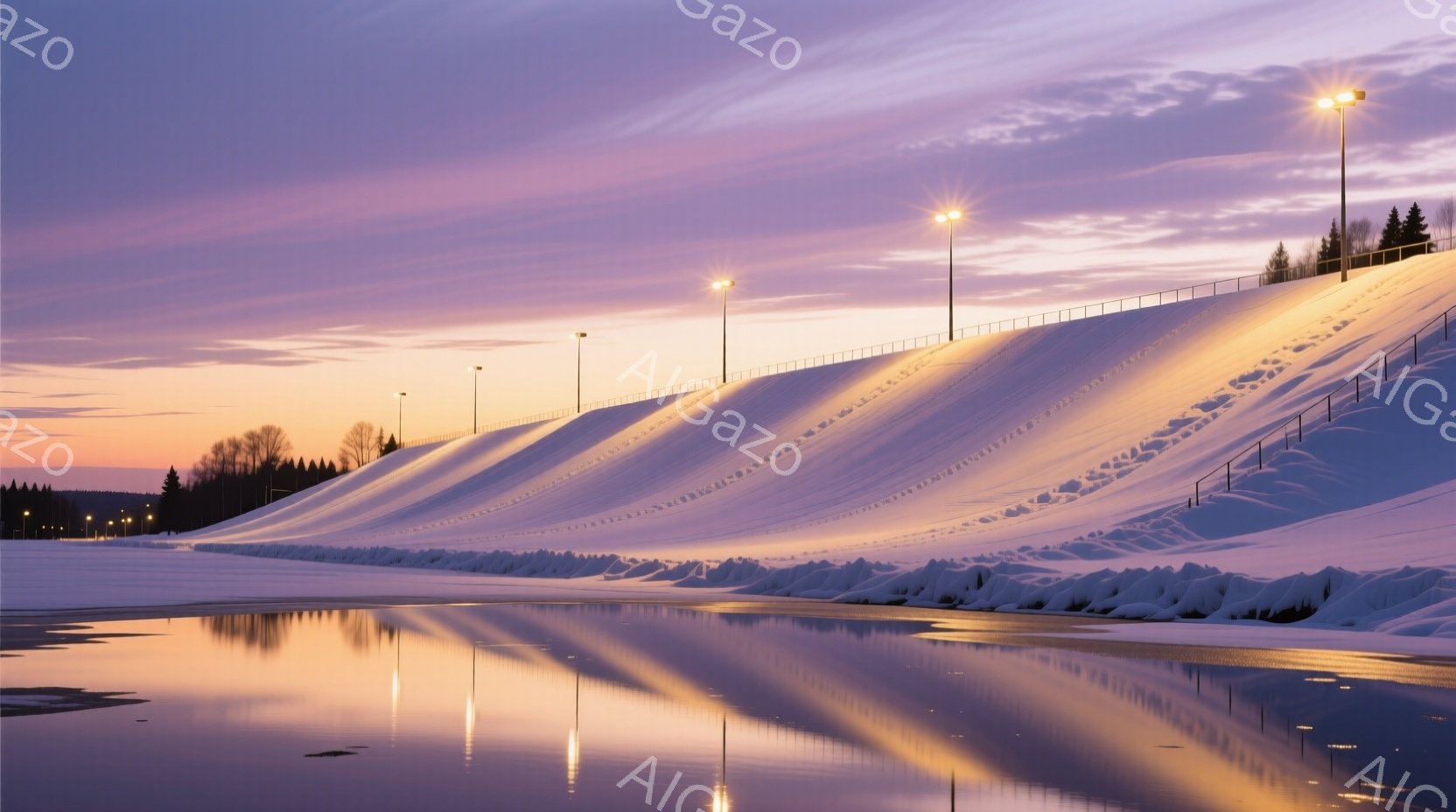 凍てつくような冬の風景が広がっており、雪に覆われた巨大な土手を背景に、凍りついた湖面が黄金色の光を反射している。土手の斜面には規則的な影が落ち、夕焼け空が淡いピンク色と紫色で染め上げられている。全体的に静寂で幻想的な雰囲気が漂い、冬の厳しさと美しさを同時に感じさせる。