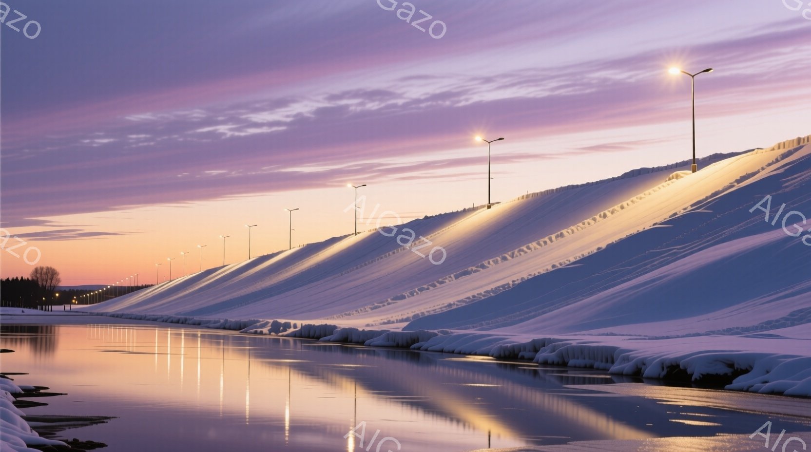 白い雪に覆われた巨大な土堤が印象的な風景です。土堤の表面には規則的な溝があり、夕焼け空の下、オレンジ色と紫色のグラデーションが水面に映り込み、静かで幻想的な雰囲気を醸し出しています。堤防上には街灯が点灯しており、遠くにはわずかな木々のシルエットが見えるのみで、冬の静寂を感じさせます。