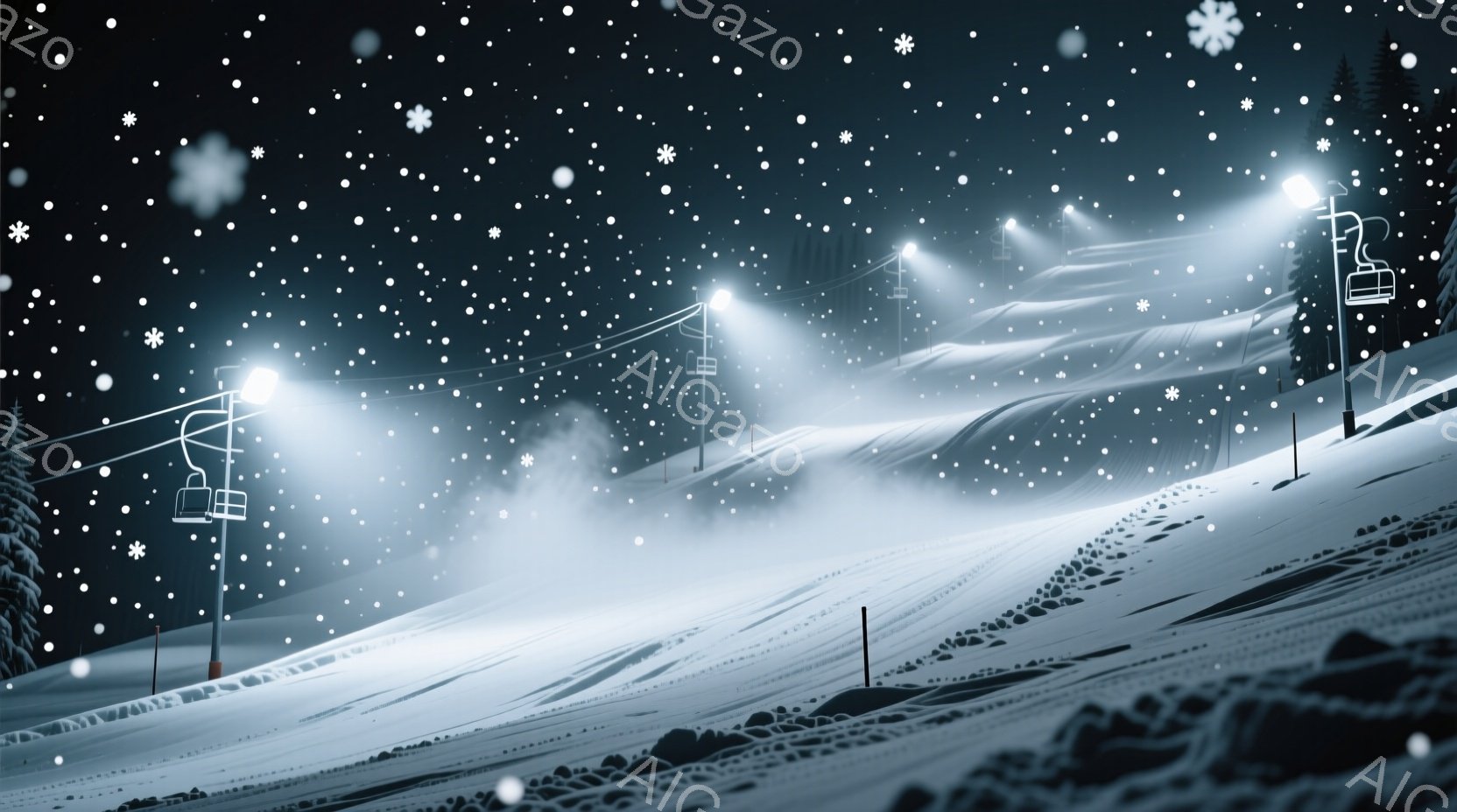 夜間のスキーコースが描かれており、雪が舞い、コースはライトアップされている。リフトのゴンドラが雪の中を上っており、コースにはスキーヤーの滑り跡が確認できる。全体的に静かで幻想的な雰囲気で、冬の夜のスキーリゾートの様子を表している。
