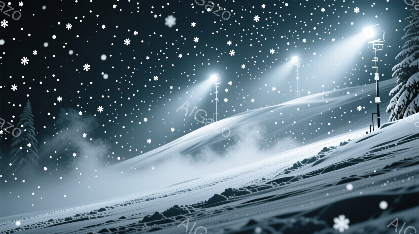 吹雪の中のスキー場が描かれています。雪は激しく降り積もり、視界は悪く、遠くの松の木々がぼんやりと見えます。斜面にはスキーヤーの痕跡があり、雪上車と思われる機械がいくつか設置されていますが、人物は確認できません。