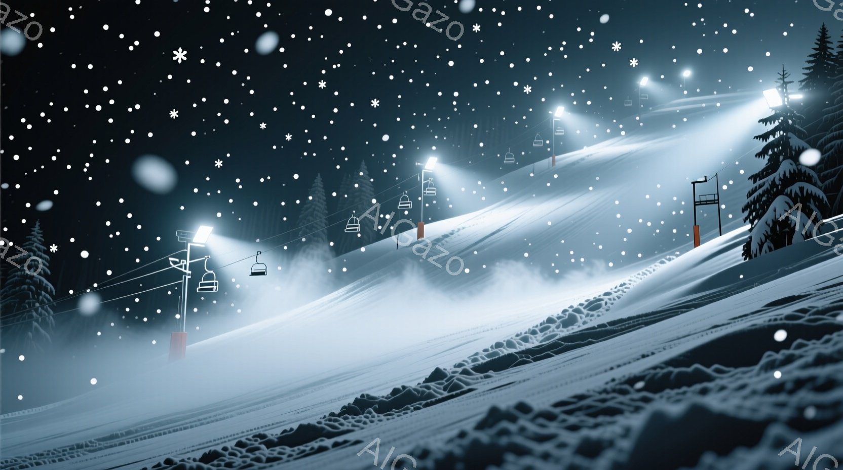 雪が降り積もるスキー場で、リフトが雪山をゆっくりと登っている様子が描かれている。遠くには針葉樹林が立ち並び、リフトの支柱に設置された照明が雪景色を照らし出している。全体的に静寂で幻想的な雰囲気が漂い、冬の夜のスキー場の風景が表現されている。