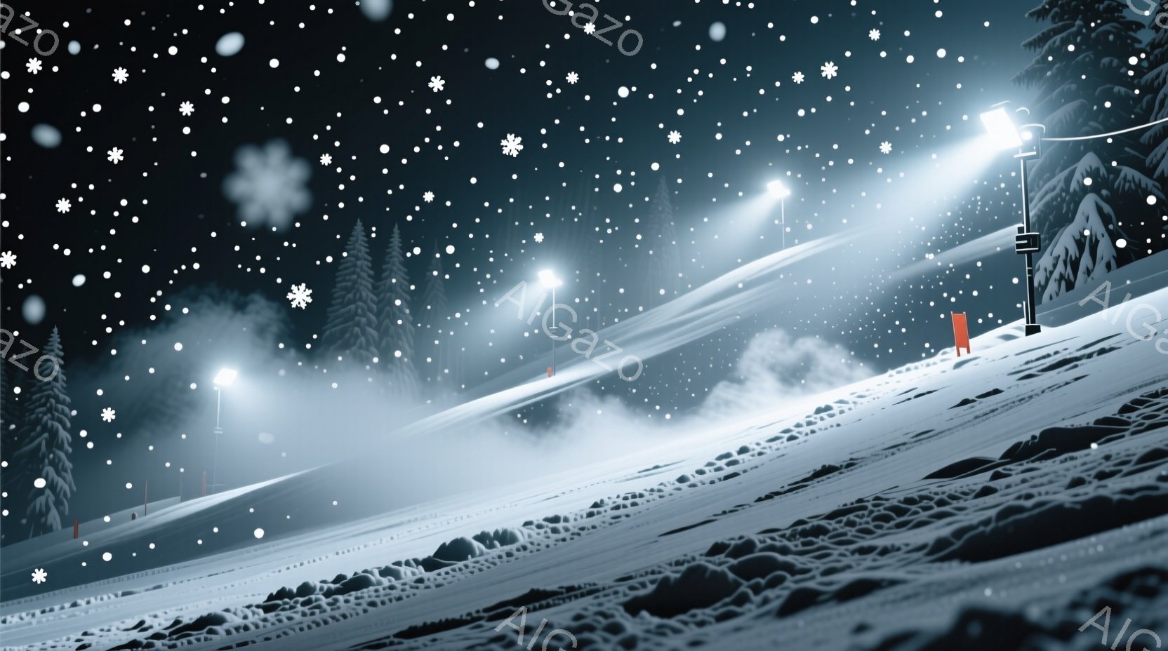 夜のスキー場で、雪が降り積もり、ライトアップされた斜面が描かれています。スキーヤーが滑っている様子はなく、雪面にはスキーやボードによる跡が密集し、遠くには暗いシルエットの木々が見えます。全体的に静寂で幻想的な雰囲気が漂い、夜のスキー場の美しさを表現しています。