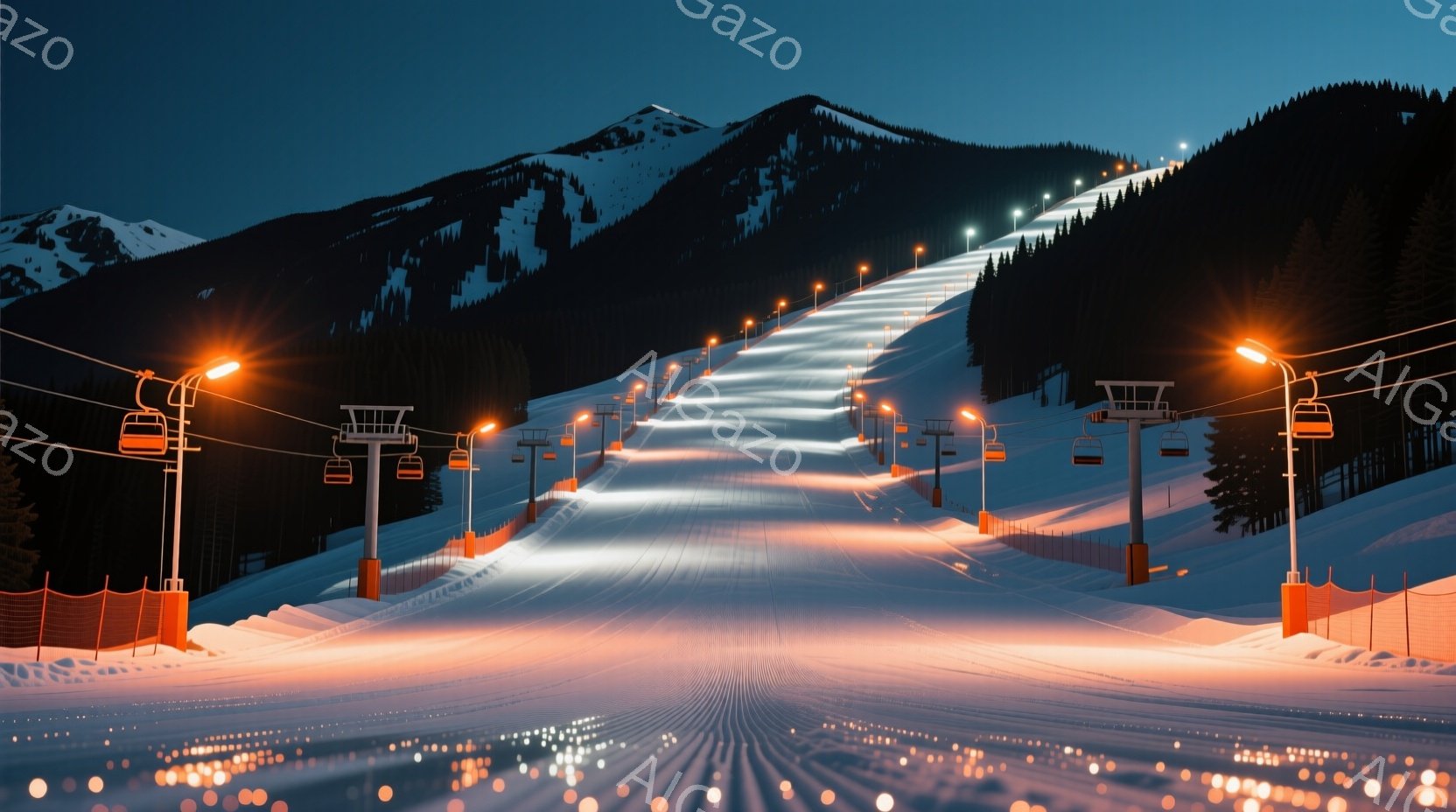 雪に覆われたスキー場のゲレンデが、夕暮れ時の薄暗い光に照らされている。ゲレンデにはリフトが設置され、いくつかのゴンドラが運行しているのが見える。背景には雪を頂いた山々が連なり、静かで幻想的な雰囲気を醸し出している。