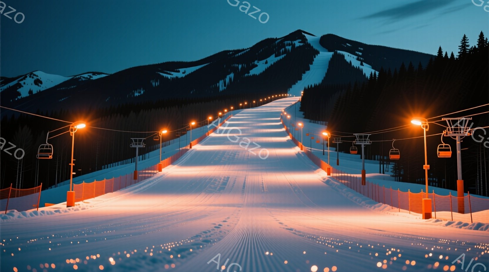 雪に覆われたスキーコースが、夕暮れ時のオレンジ色の光に照らされています。コースの両脇にはオレンジ色のネットフェンスが立ち並び、上部にはゴンドラリフトが運行しており、遠くには雪を頂いた山々が連なっています。全体的に静寂で穏やかな、冬の風景が広がっています。