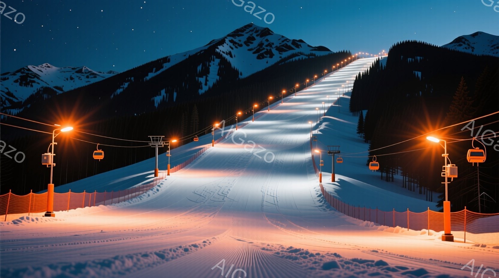 夜間に照らされたスキーコースが広がり、雪面には滑走路の跡が規則的に並んでいる。コース脇にはオレンジ色のネットが設置され、上空にはゴンドラが運行している。背景には雪をまとった山々がそびえ立ち、夜空には星が輝き、静寂で幻想的な雰囲気を醸し出している。