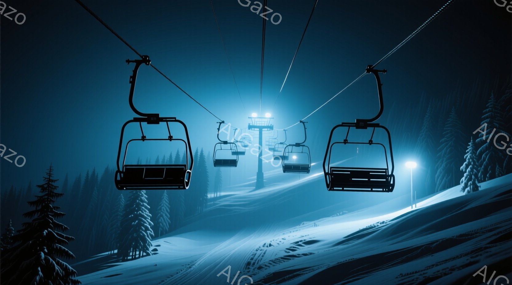 雪に覆われた山並みの中、リフトが並んで運行している様子が描かれている。暗い青色の夜空と雪の白さがコントラストをなし、遠くにはリフトの照明がぼんやりと光っている。周囲は針葉樹の森に囲まれ、静寂で幻想的な雰囲気が漂っている。