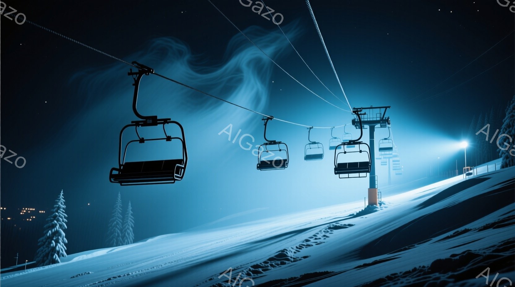 雪山の中をリフトが走っている夜の風景だ。リフトには誰も乗っておらず、青白い光に照らされた雪面と遠くに見える灯りが幻想的な雰囲気を醸し出している。背景には針葉樹林が見え、空には薄い雲が漂い、静寂で冷たい冬の夜を表している。