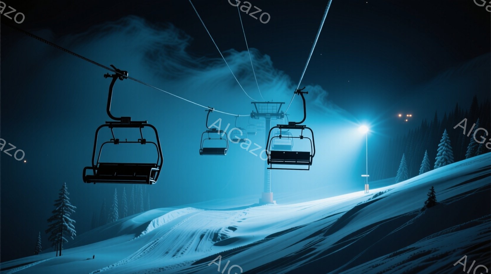 雪深い山の中を、リフトが数台並んで進んでいる様子が描かれています。雪原は滑走路の跡が残り、遠くには暗い森が広がっています。全体的に青い光に包まれ、幻想的で静寂な冬の夜の雰囲気が漂っています。