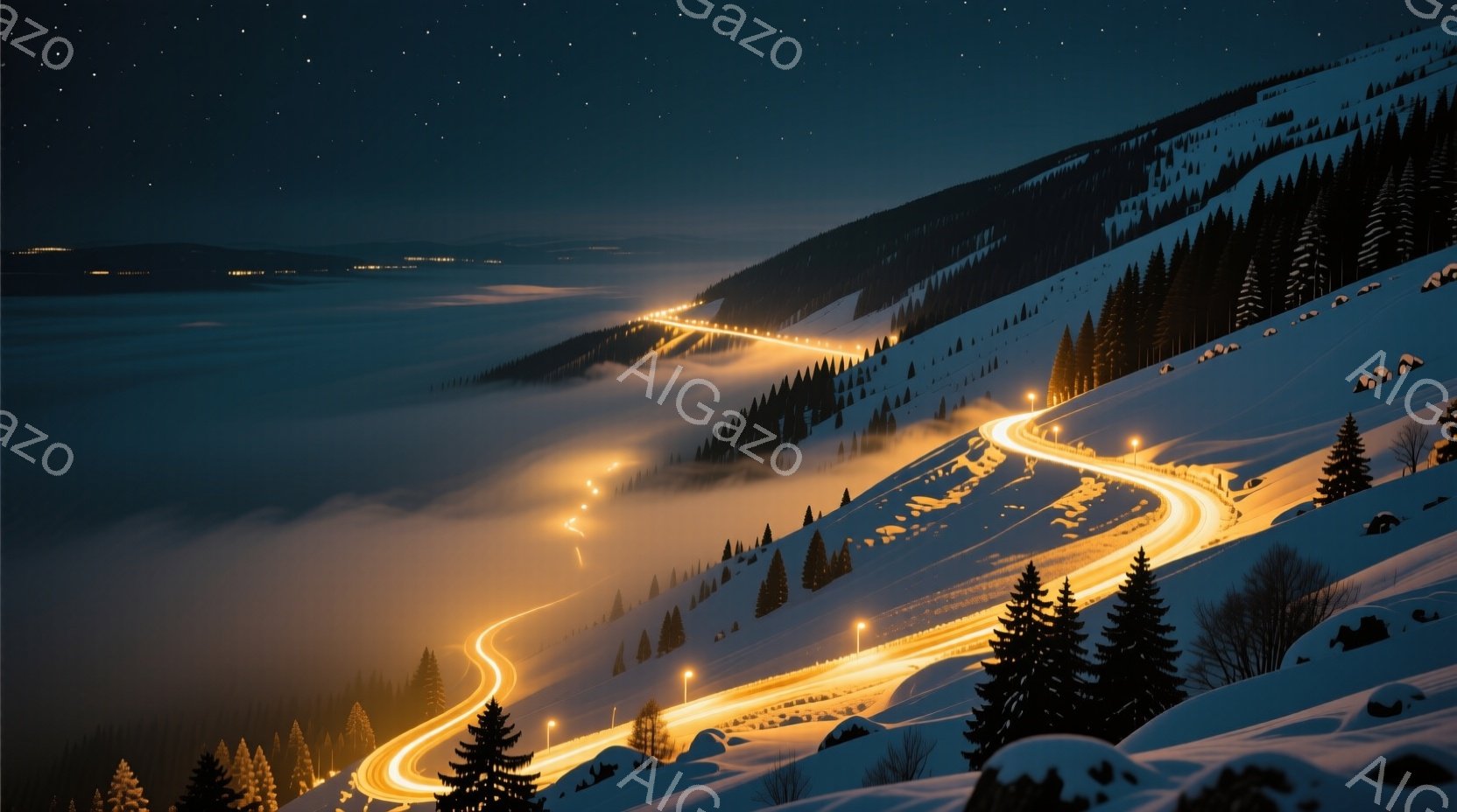 雪に覆われた山々を蛇行する道路が、夜の暗闇の中でオレンジ色の光を放ちながら描かれている。霧が谷間を埋め尽くし、まるで雲海のような幻想的な光景を作り出している。松の木々が道路の両側に立ち並び、冬の静寂と - AI生成フリー素材