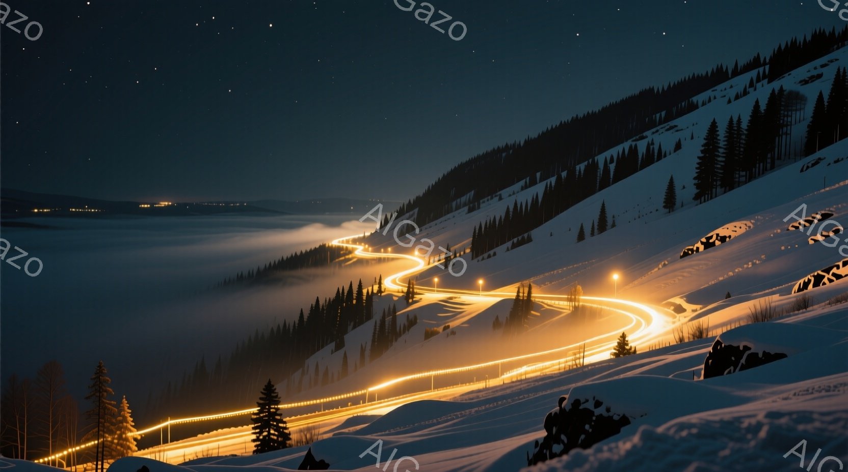 雪に覆われた山々の斜面を、光の筋が長く伸びる夜の風景が描かれている。深い霧が谷間を埋め尽くし、遠くの山々をぼんやりと覆っている。光の筋は、スキー場のゲレンデを照らし、冬の静寂と幻想的な雰囲気を醸し出している。